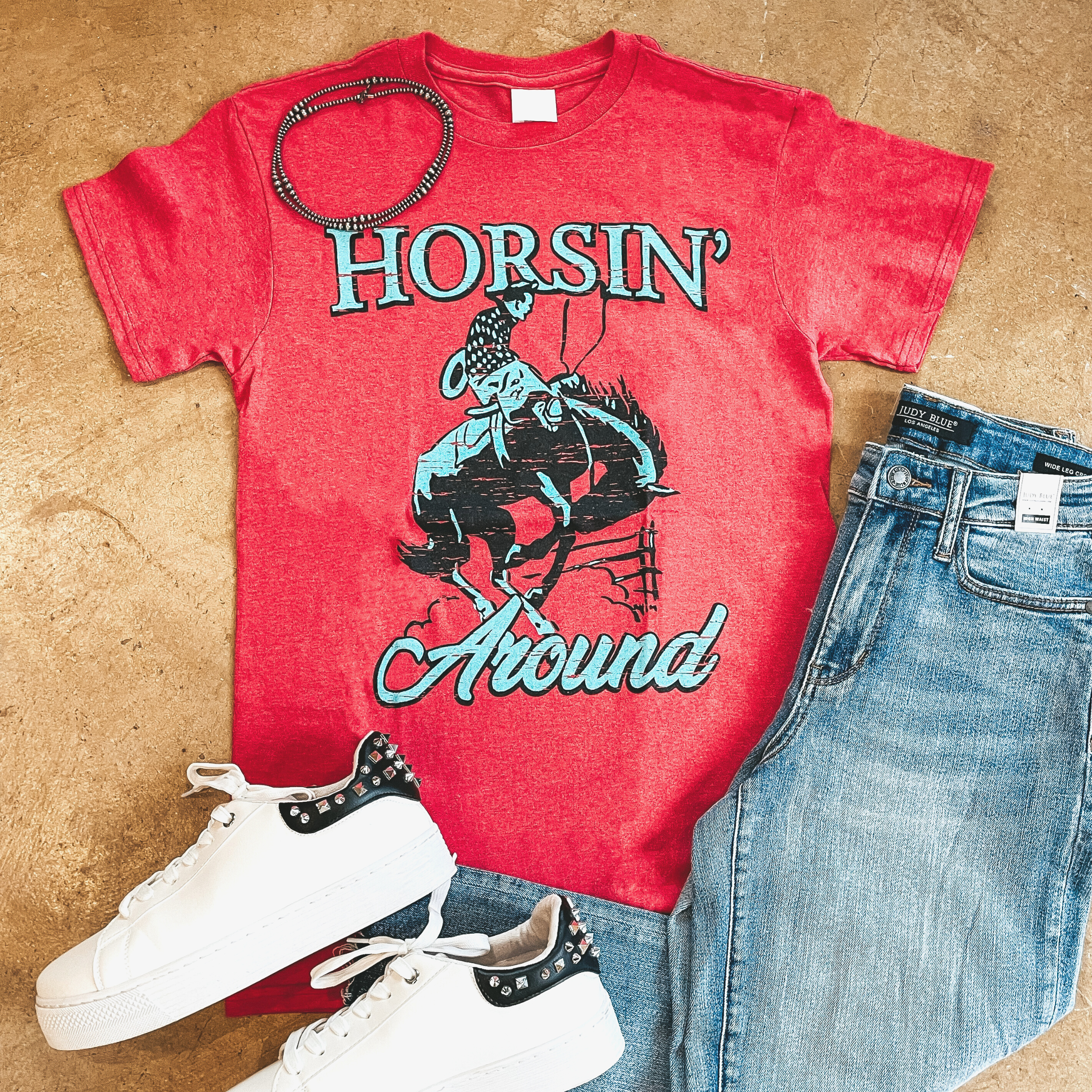 Horsin' Around Short Sleeve Graphic Tee in Heather Red - Giddy Up Glamour Boutique