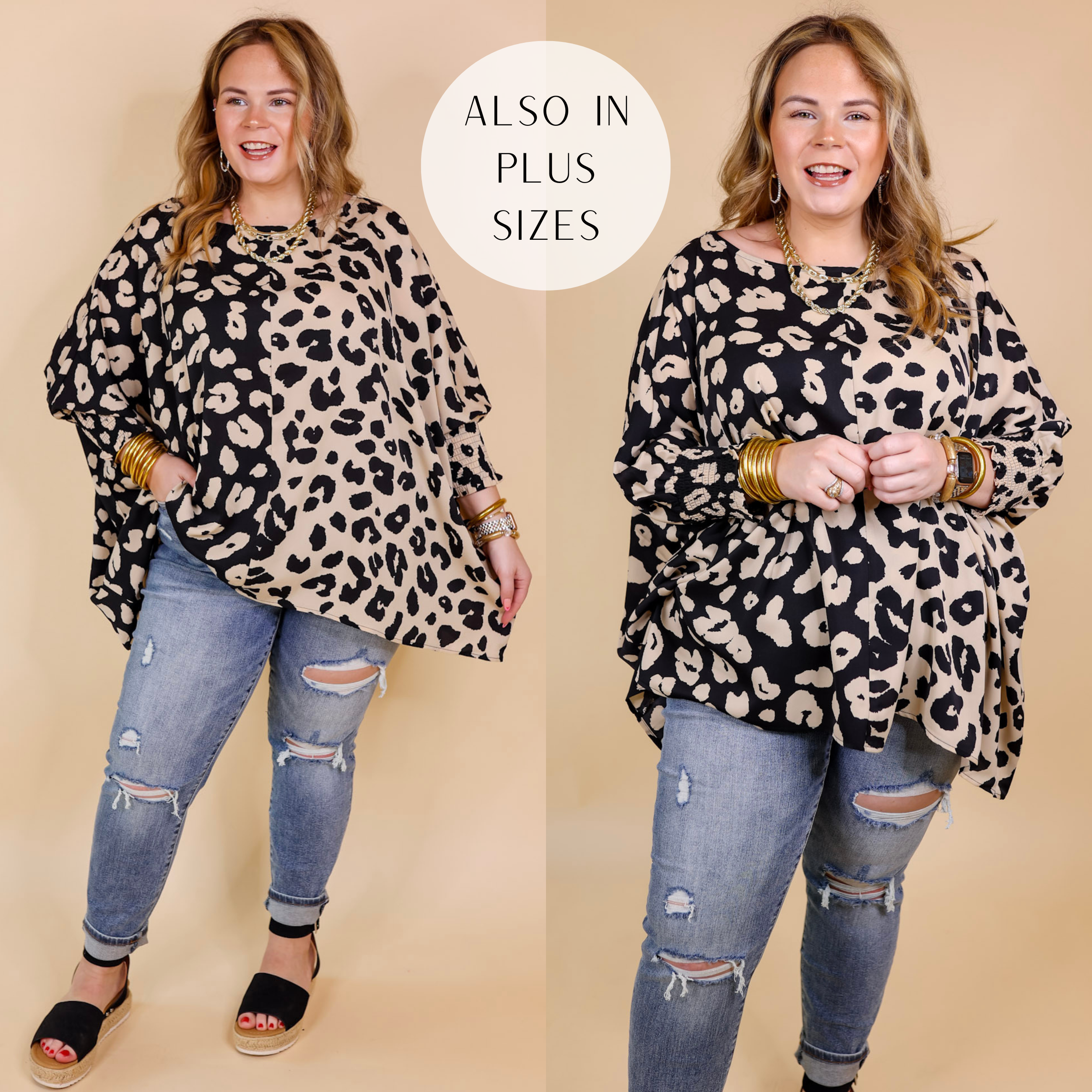 Model is wearing a half black and half beige poncho top with leopard print spots. This long sleeve top is smocked at the wrist and has a scoop neckline. Model has this top paired with distressed skinny jeans, black platform sandals, and gold jewelry.