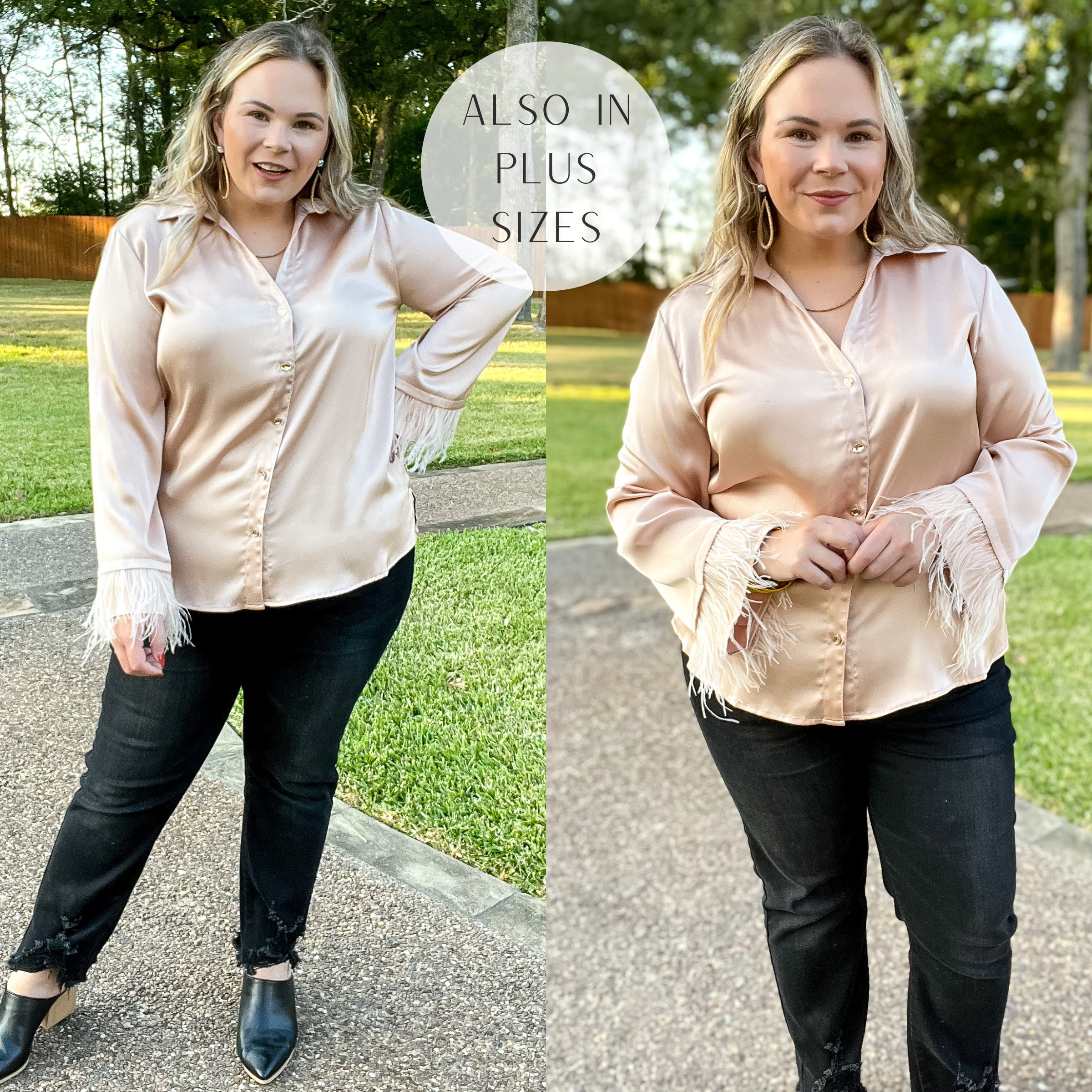 Model is wearing a satin button up top with long sleeves that have feathers around the wrist and a collared neckline. Model has this paired with black jeans, black mules, and gold jewelry.