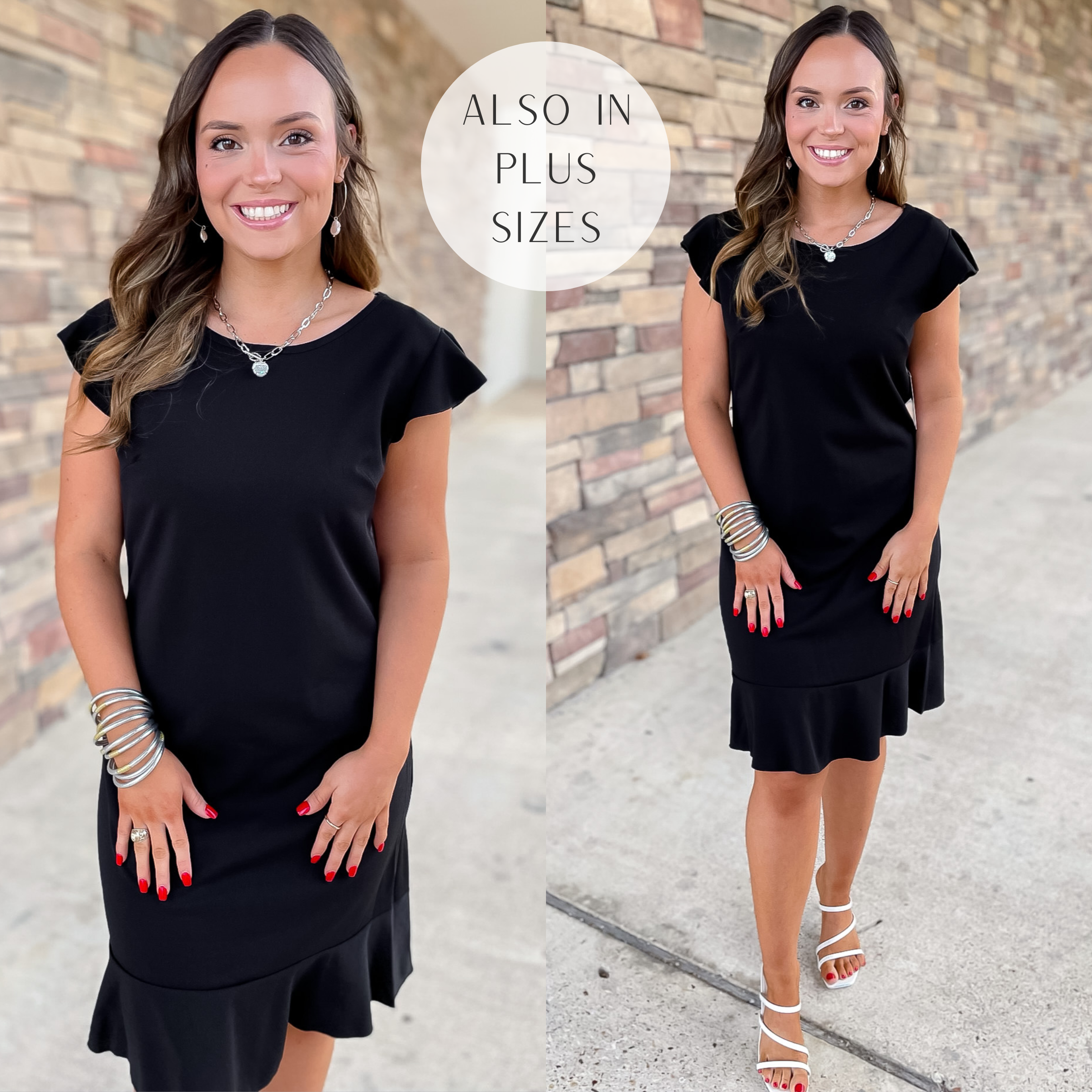 Boss Shift Ruffle Cap Sleeve Dress with Ruffle Hem in Black - Giddy Up Glamour Boutique