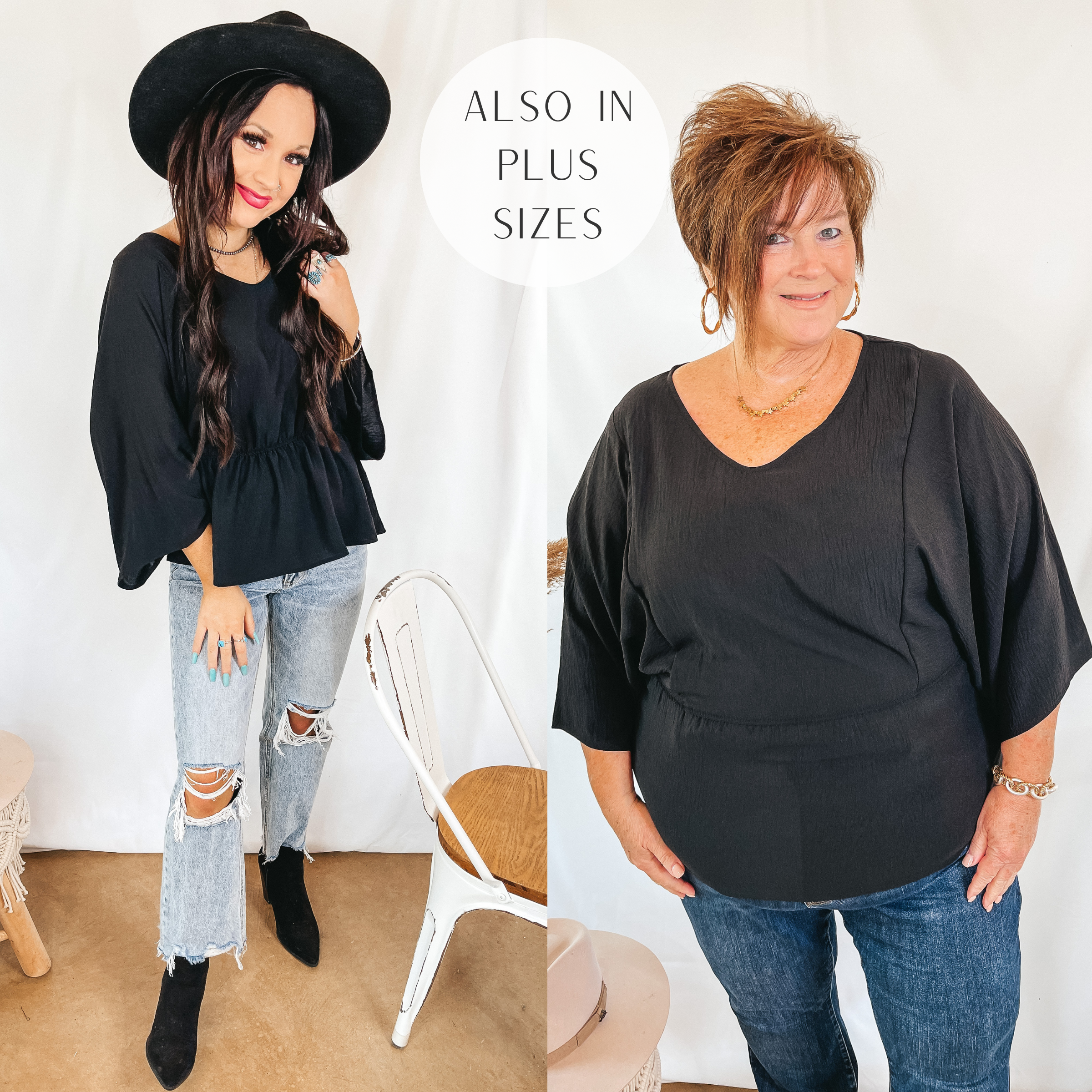 Models are wearing a flowy drop sleeve peplum top. Size small model has it paired with light wash jeans, black booties, and a black hat. Plus size model has it paired with dark wash jeans and gold jewelry.