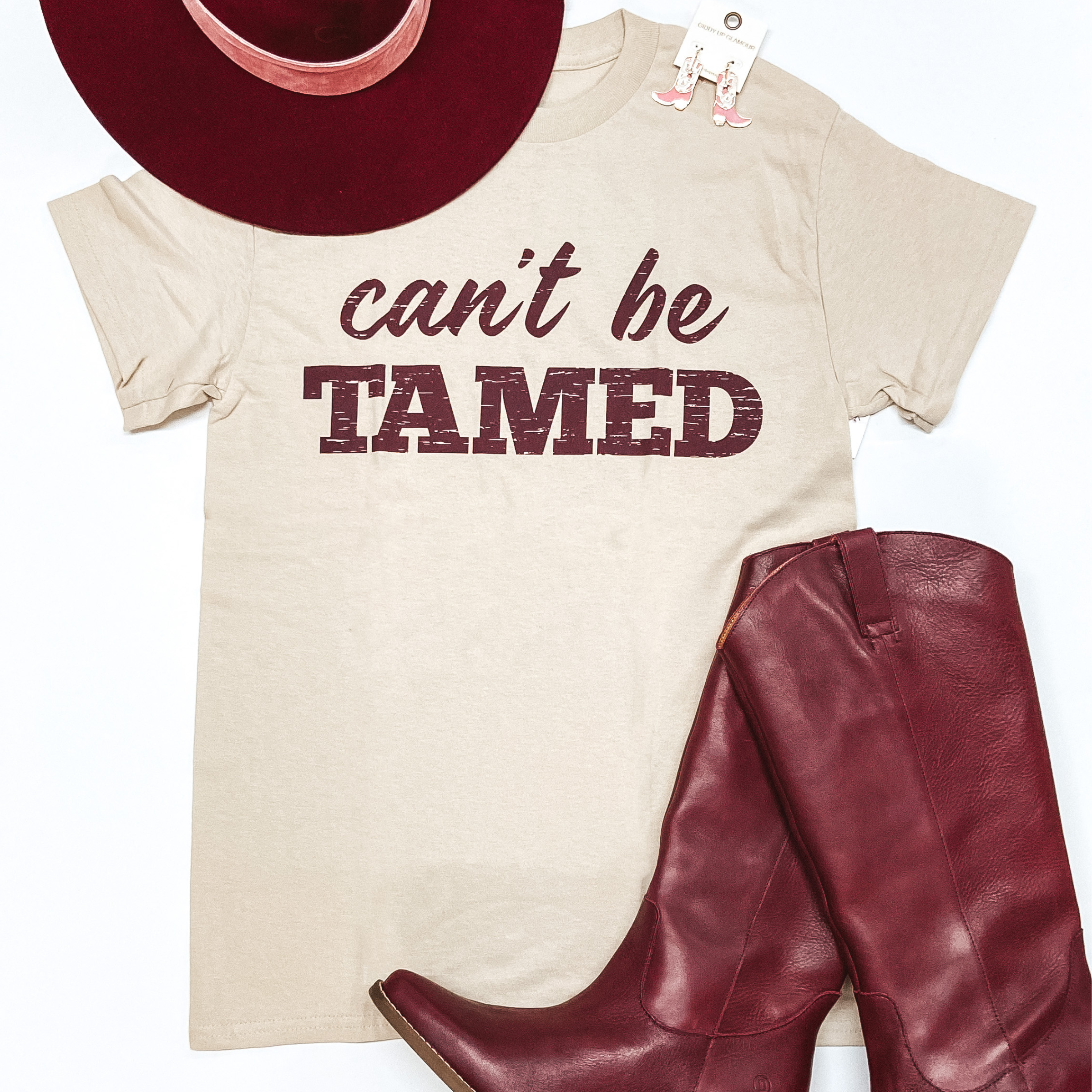 Can't Be Tamed Short Sleeve Graphic Tee in Beige - Giddy Up Glamour Boutique