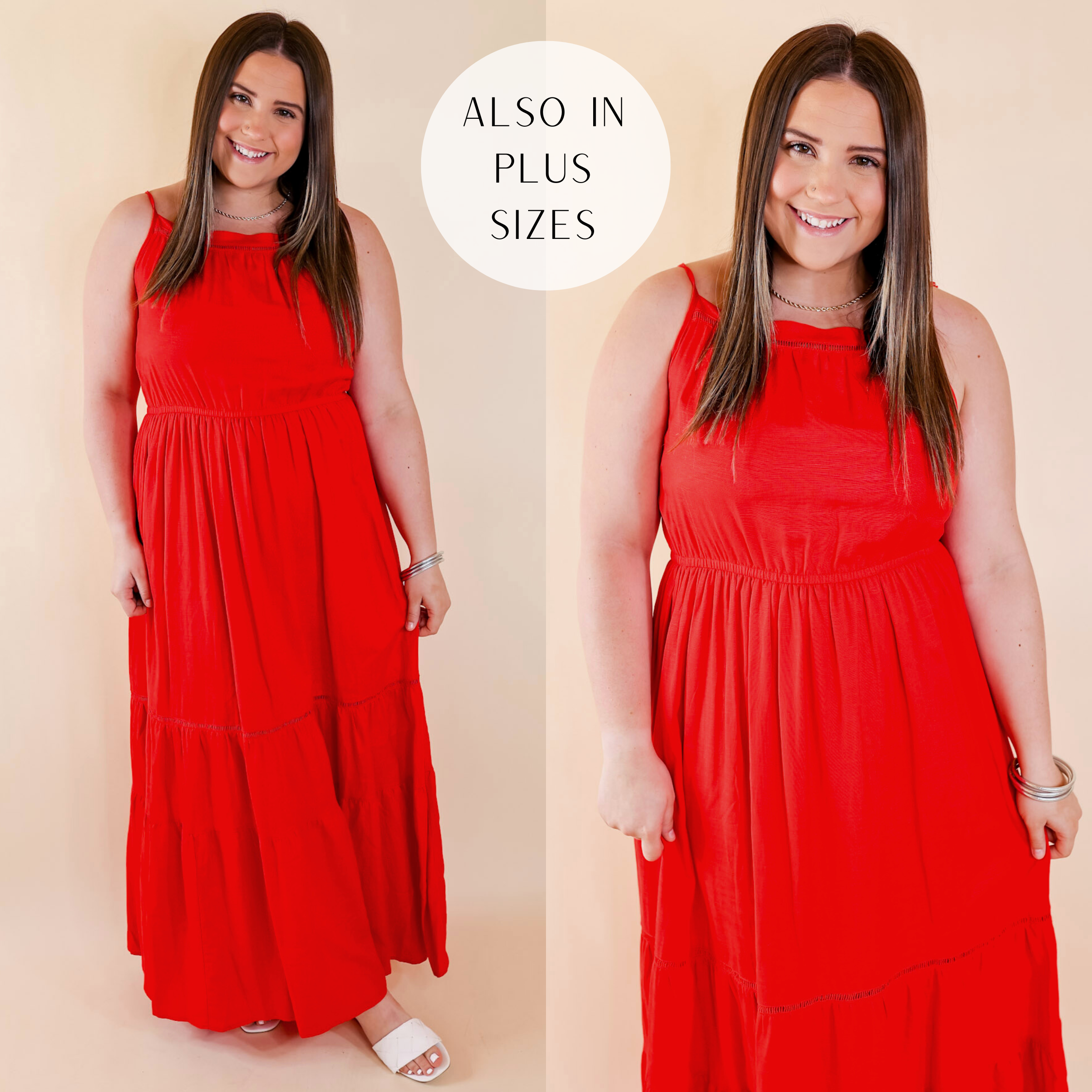 Model is wearing a red maxi dress with spaghetti straps, an elastic natural waist, and a tiered skirt. Model has it paired with white heels and silver jewelry.