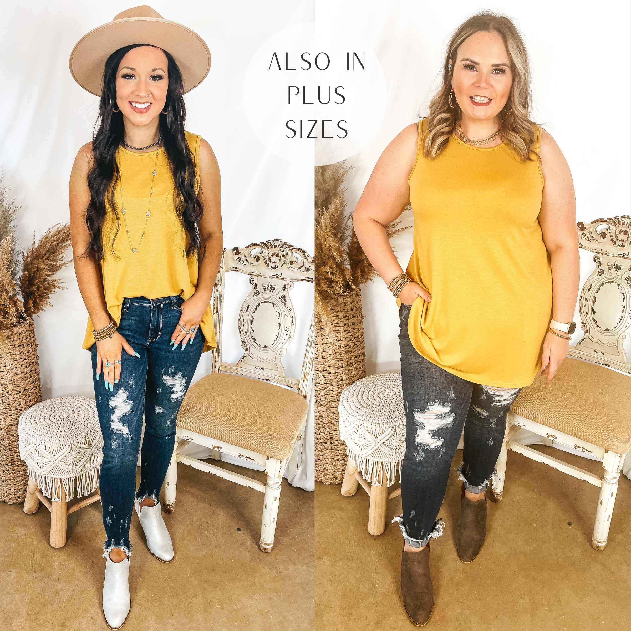 Models are wearing a mustard yellow tank top. Size small model has it paired with distressed dark wash jeans, white booties, and a tan hat. Size large model has it paired with distressed skinny jeans, brown booties, and gold jewelry.