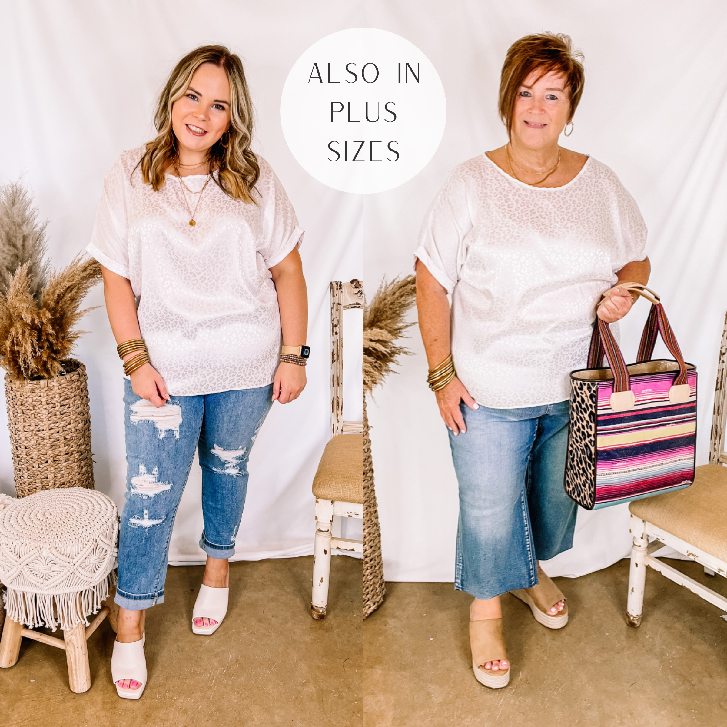 Models are wearing a white satin top that has a shiny leopard print all over. Large Model has this short sleeve top paired with distressed boyfriend jeans, white heels, and gold jewelry. Plus size model has it paired with cropped, wide-leg jeans, tan wedges and gold jewelry.