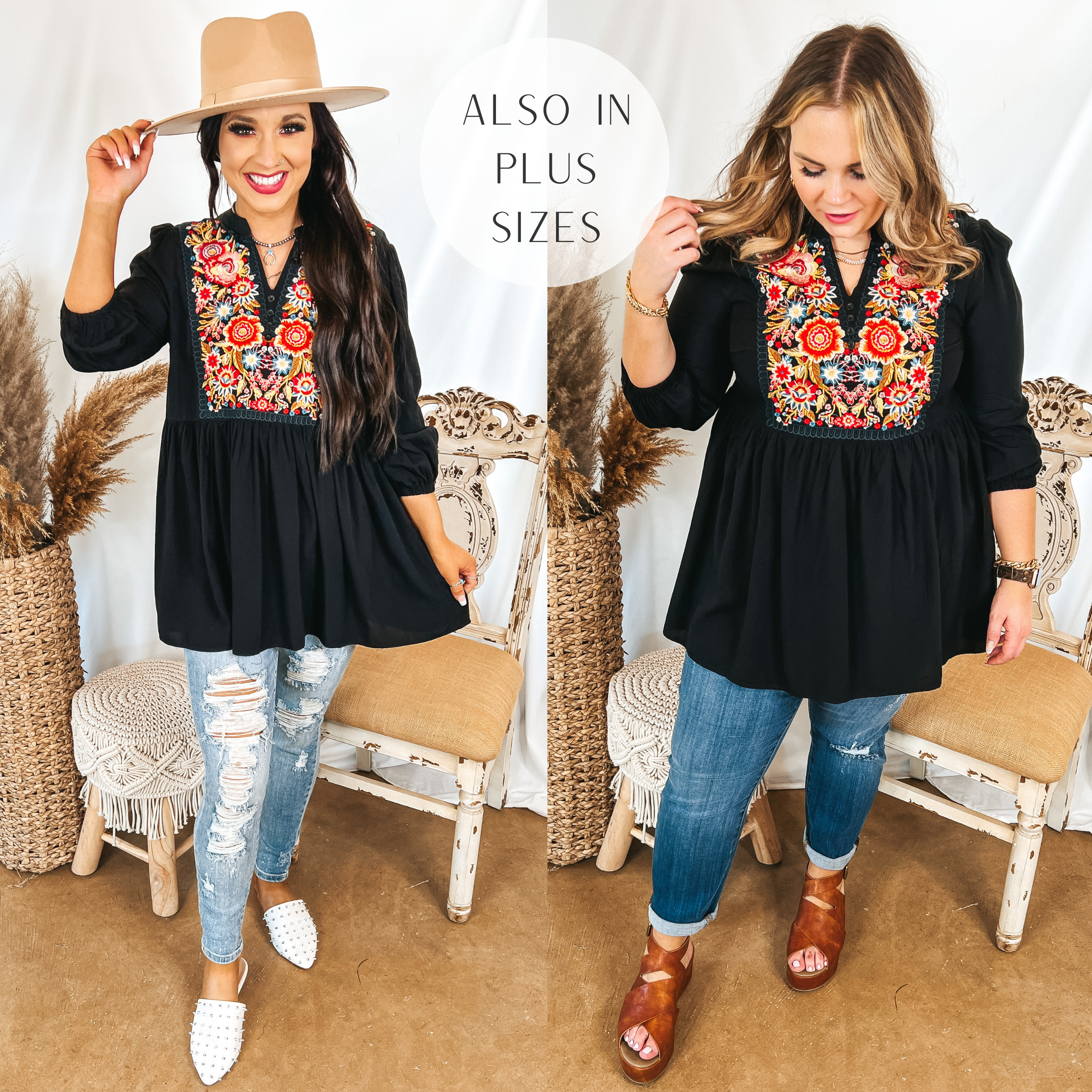 Models are wearing a black babydoll top with floral embroidery. Size small model has it paired with light wash distressed jeans, white mules, and a tan hat. Size large model has it paired with medium wash jeggings, tan wedges, and gold jewelry.