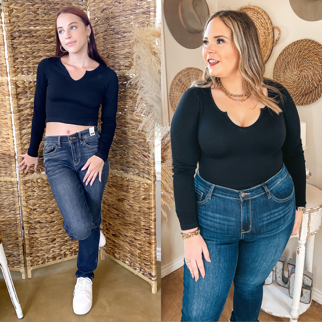 Dream Babe Notched Neckline Crop Long Sleeve Top in Black - Giddy Up Glamour Boutique