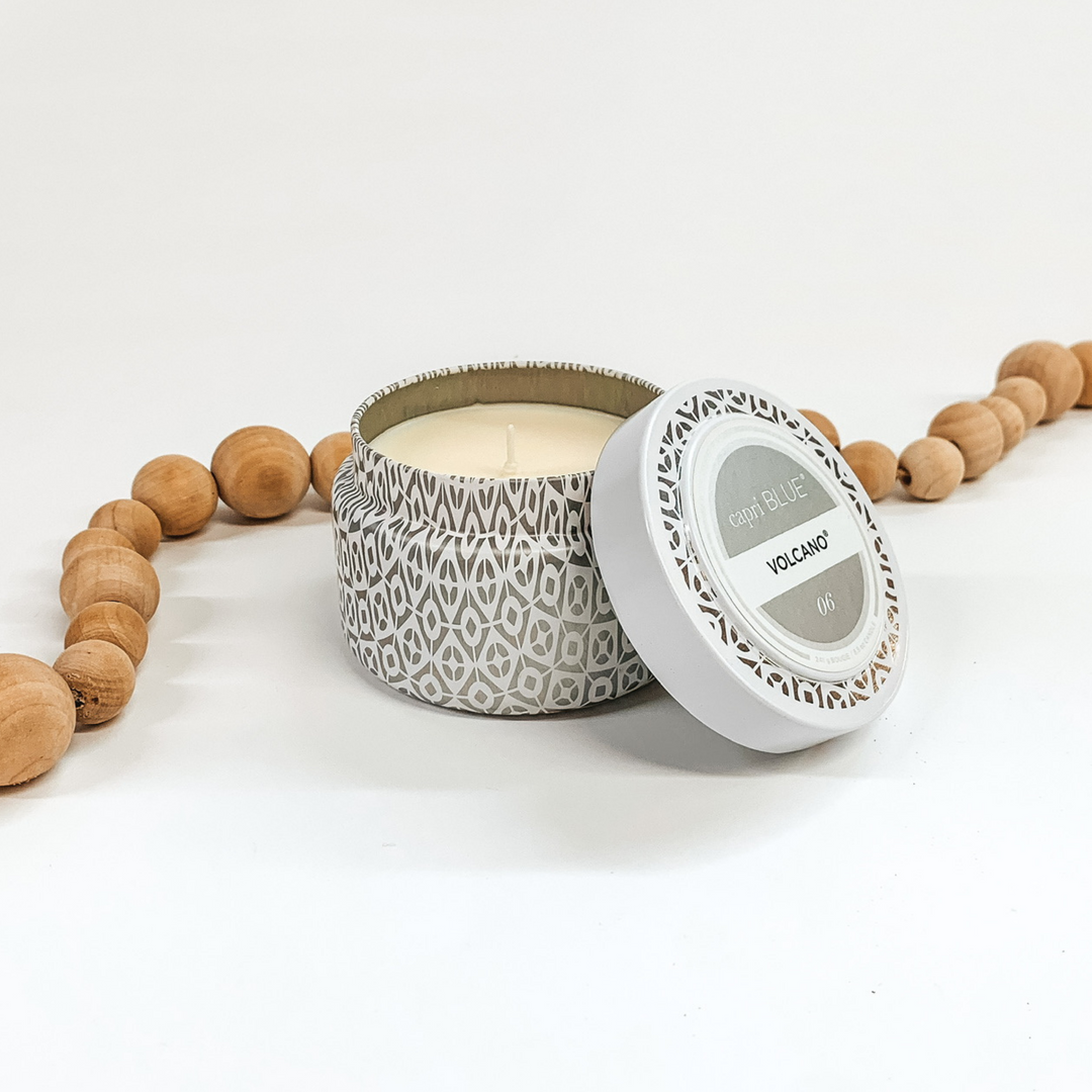 Capri Blue | 8.5 oz. Printed Tin Travel Candle in White  | Volcano - Giddy Up Glamour Boutique