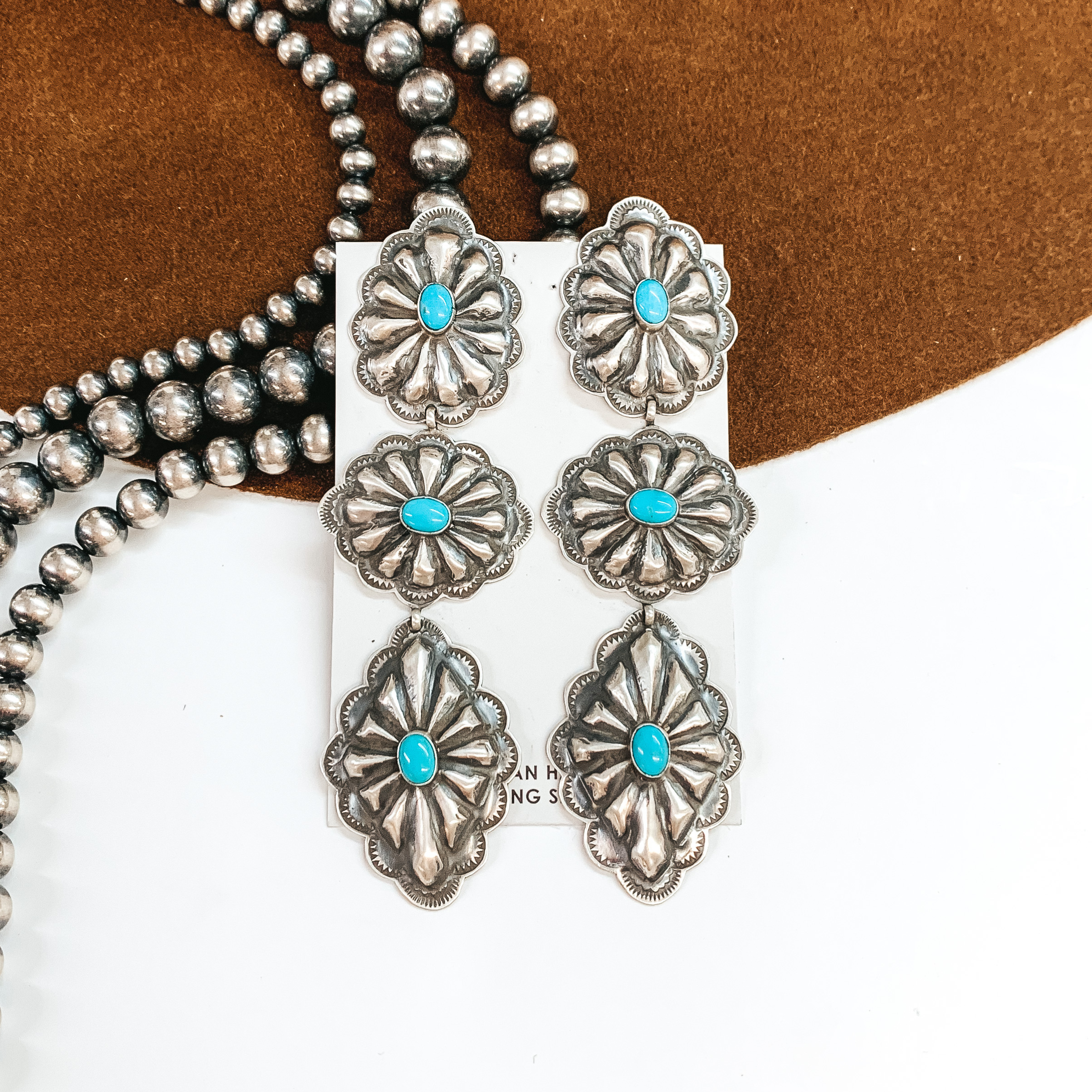 RL Begay | Navajo Handmade Sterling Silver Concho Drop Earrings with Turquoise Stones - Giddy Up Glamour Boutique