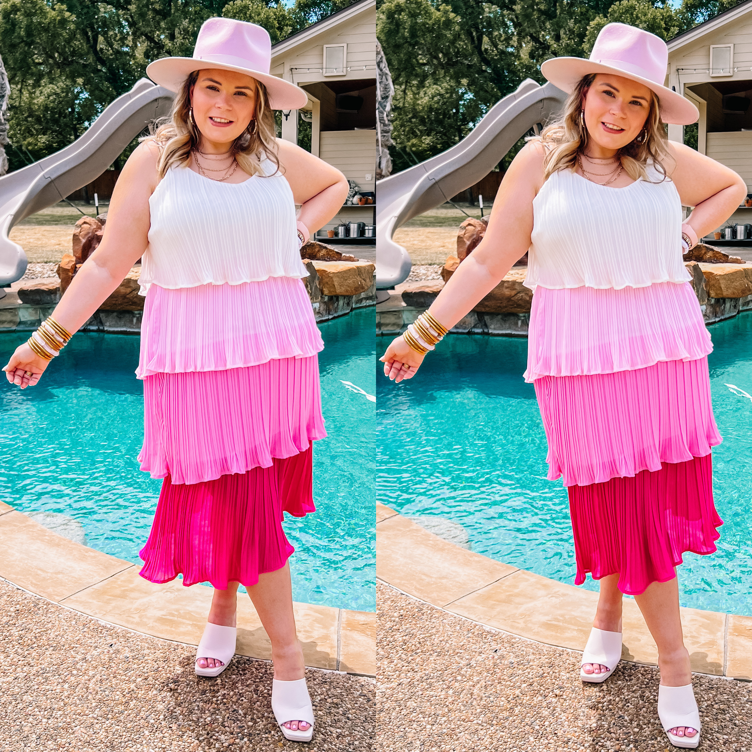 Model is wearing a tiered midi dress that is a mix of white and different shades of pink. Model has it paired with a pink hat and white heels.