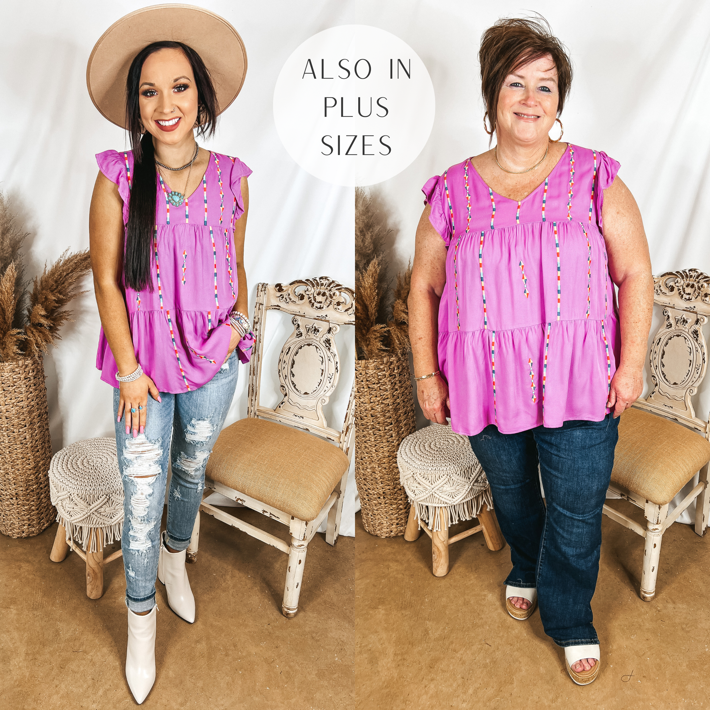 Models are wearing an embroidered purple top. Size small model has it paired with distressed light wash jeans, white booties, and a tan hat. Plus size model has it paired with dark wash bootcut jeans, white sandals, and gold jewelry.