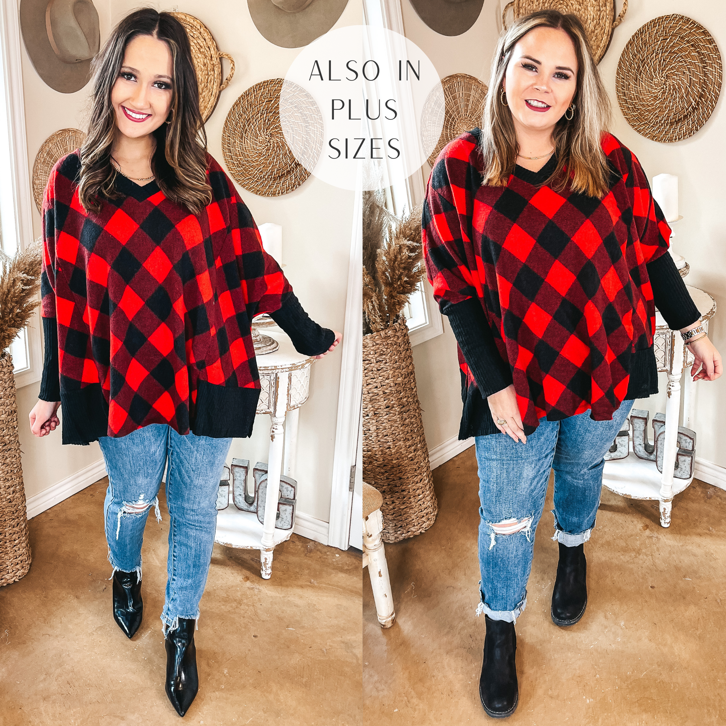 Models are wearing an oversized buffalo plaid long sleeve top. Both models have it paired with destroy knee skinny jeans, black booties, and gold jewelry.