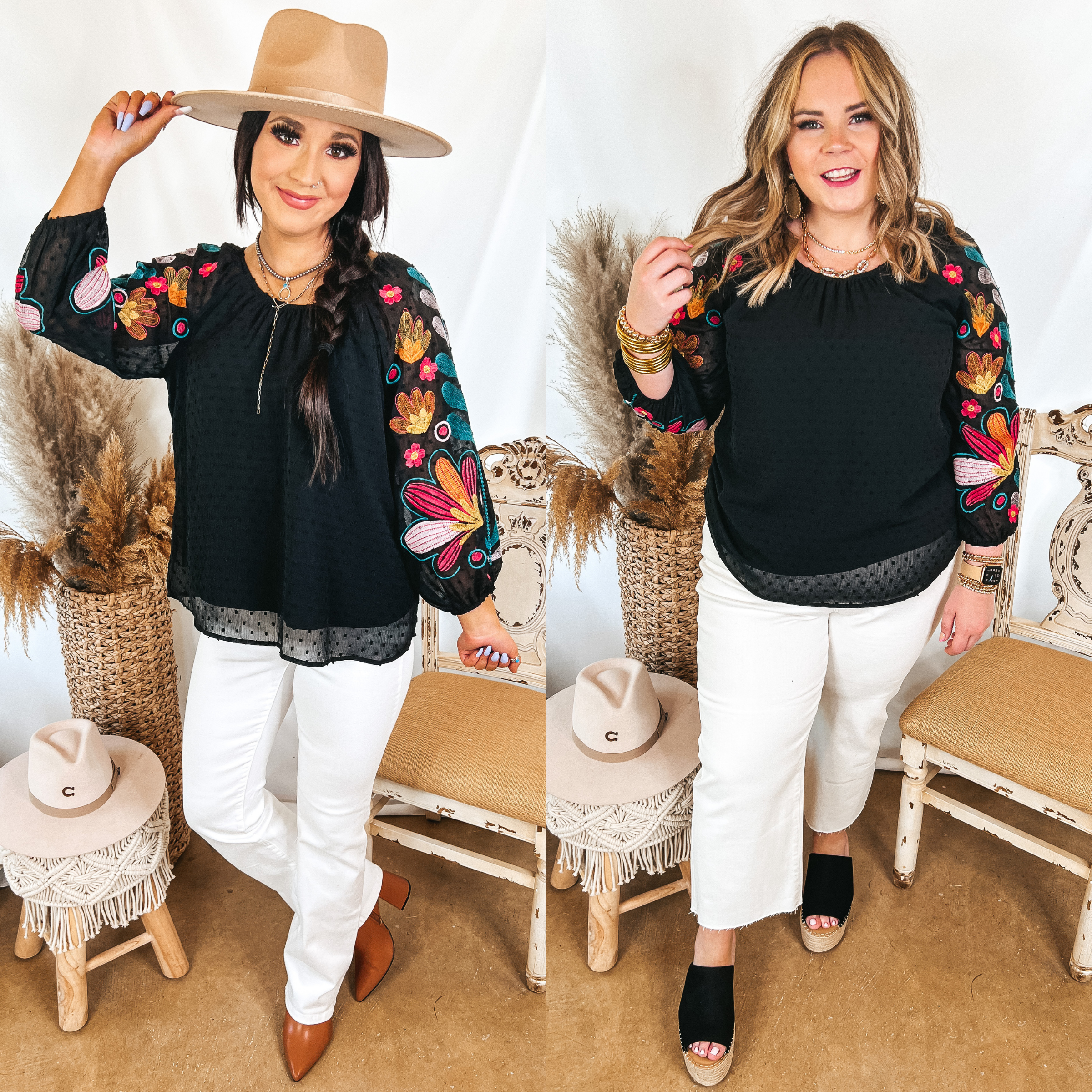 Models are wearing a black swiss dot top that has floral embroidery on the sleeves. Size small model has it paired with white bootcut jeans, tan boots, and a beige hat. Size large model has it paired with white crop jeans, black wedges, and gold jewelry.