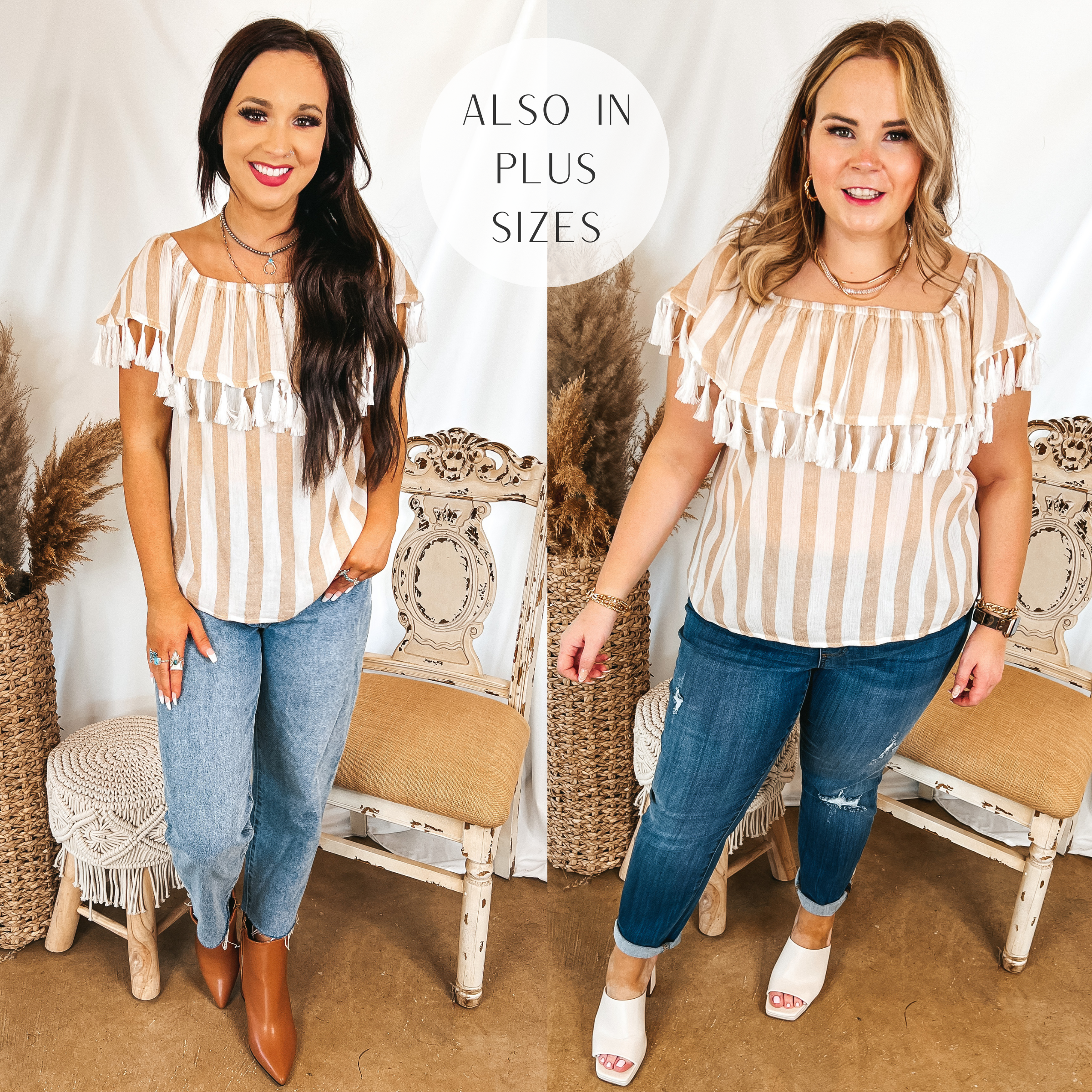Models are wearing a striped off the shoulder top with tassels. Size small model has it paired with light wash mom jeans, tan booties, and silver jewelry. Size large model has it paired with white heels, jeggings, and gold jewelry.