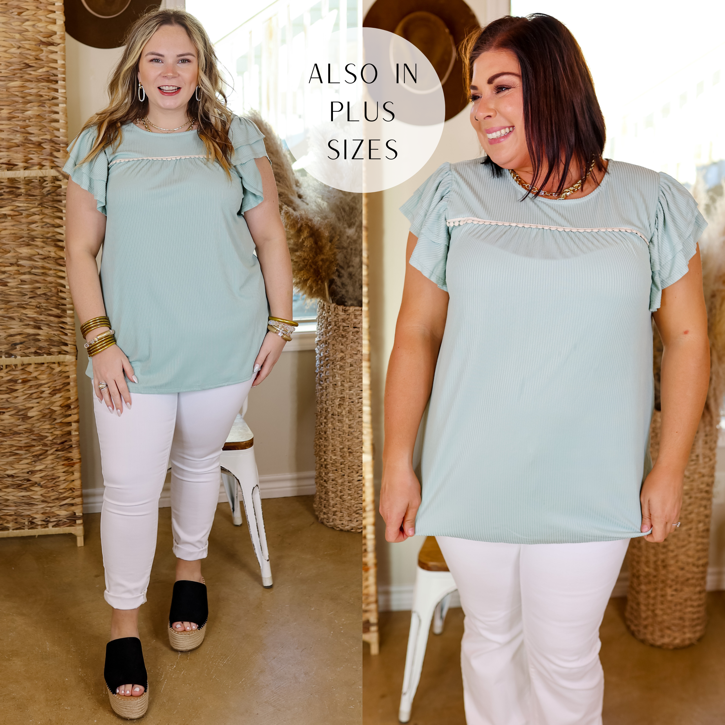 Model is wearing a ribbed ruffle cap sleeve top with a crochet detail along the chest in mint green. Model has this top paired with white jeans, gold jewelry, and black wedges. 