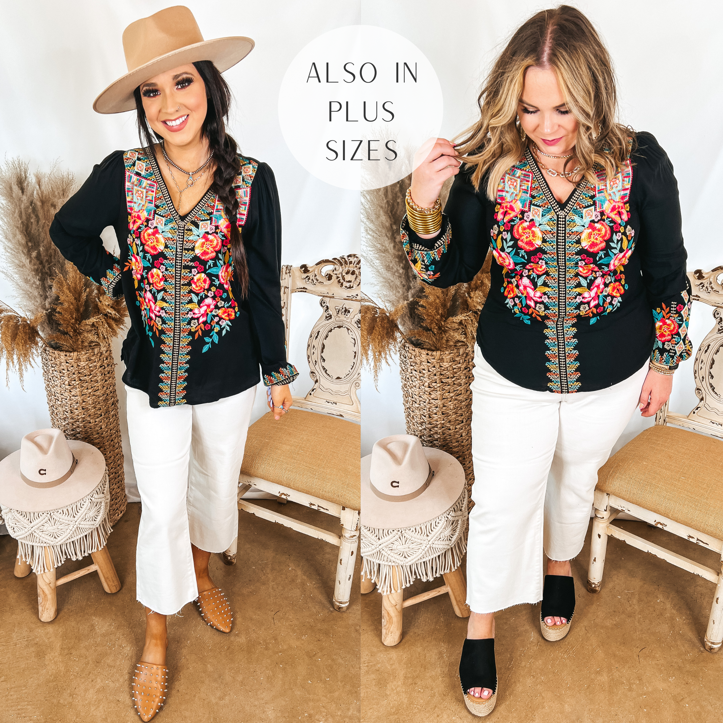 Models are wearing a black long sleeve top with embroidery on the front. Both models have it paired with white cropped jeans. Size small model has it paired with tan mules and a tan hat. SIze large model has it paired with black wedges and gold jewelry.