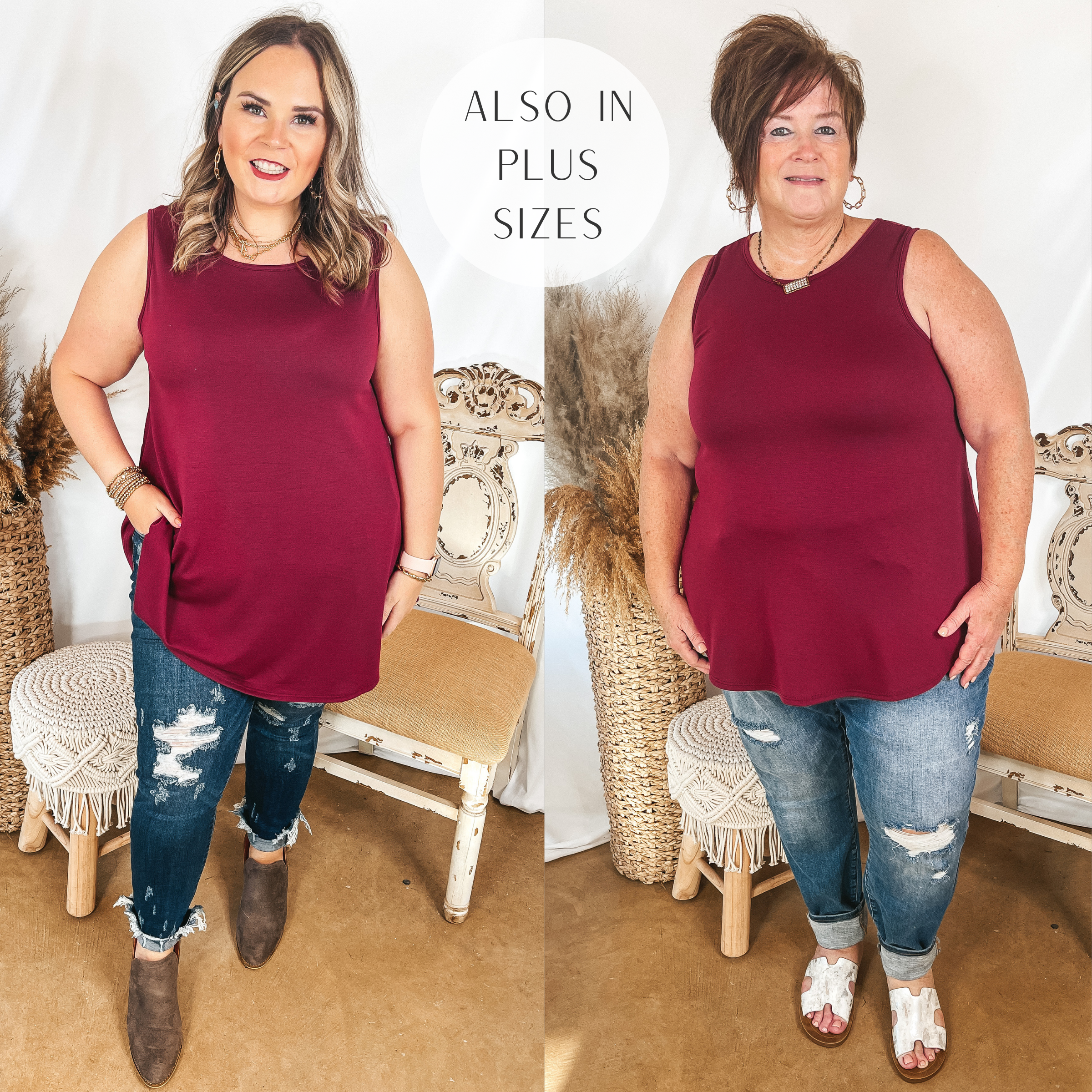Models are wearing a maroon a line tank top. Size large model has it paired with dark wash skinny jeans, brown booties, and gold jewelry. Plus size model has it paired with boyfriend jeans, white sandals, and pink panache jewelry. 