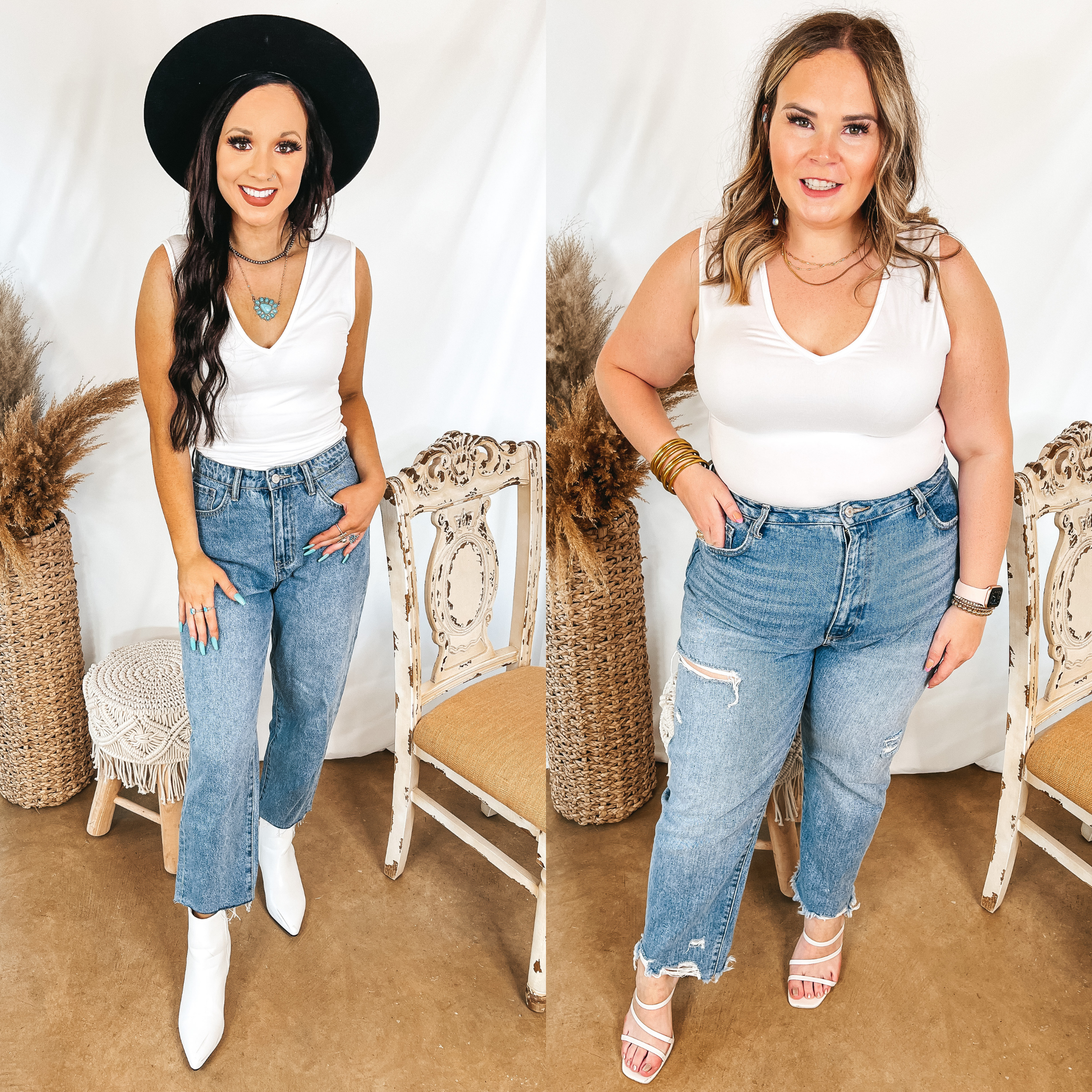 Models are wearing a white tank top bodysuit with a deep v neckline. Size small model has it paired with light wash jeans, white booties, and a black hat. Size large model has it paired with light wash jeans, strappy white heels, and gold jewelry.