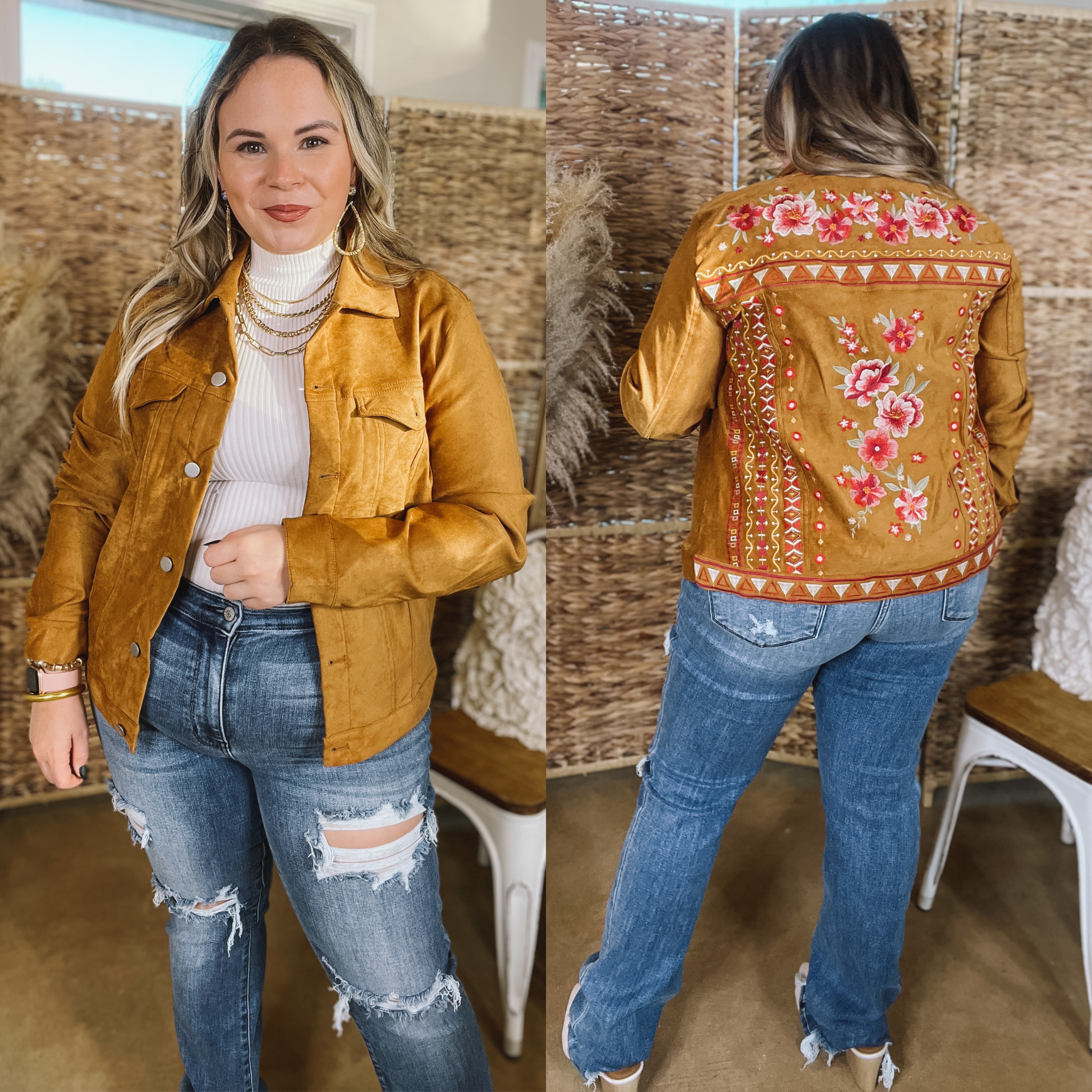 Model is wearing a button up floral emboridered suede jacket. Model has it paired with distressed jeans, a white high neck top, and gold jewelry.