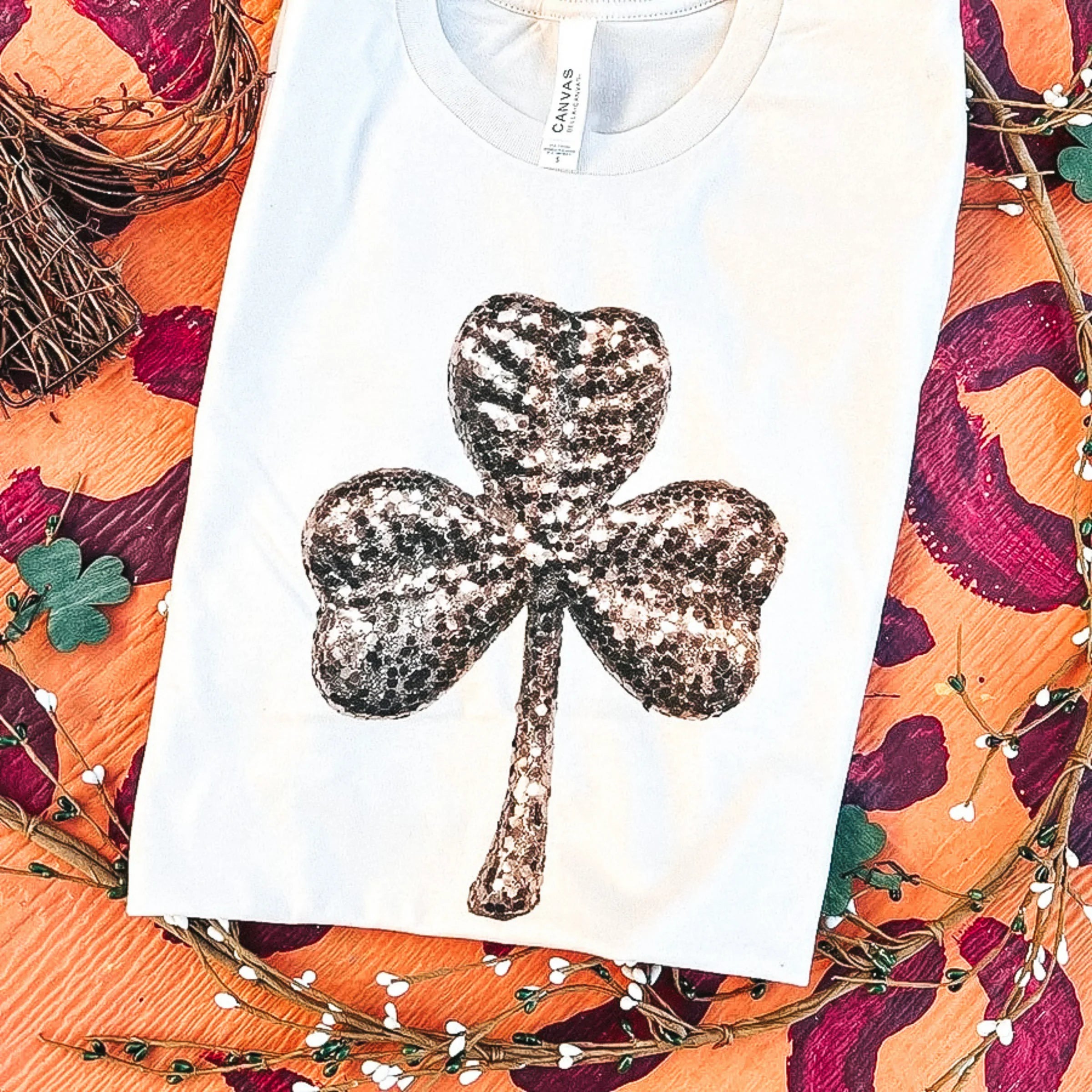 Online Exclusive | Sequin Print Shamrock Short Sleeve Graphic Tee in Cream - Giddy Up Glamour Boutique