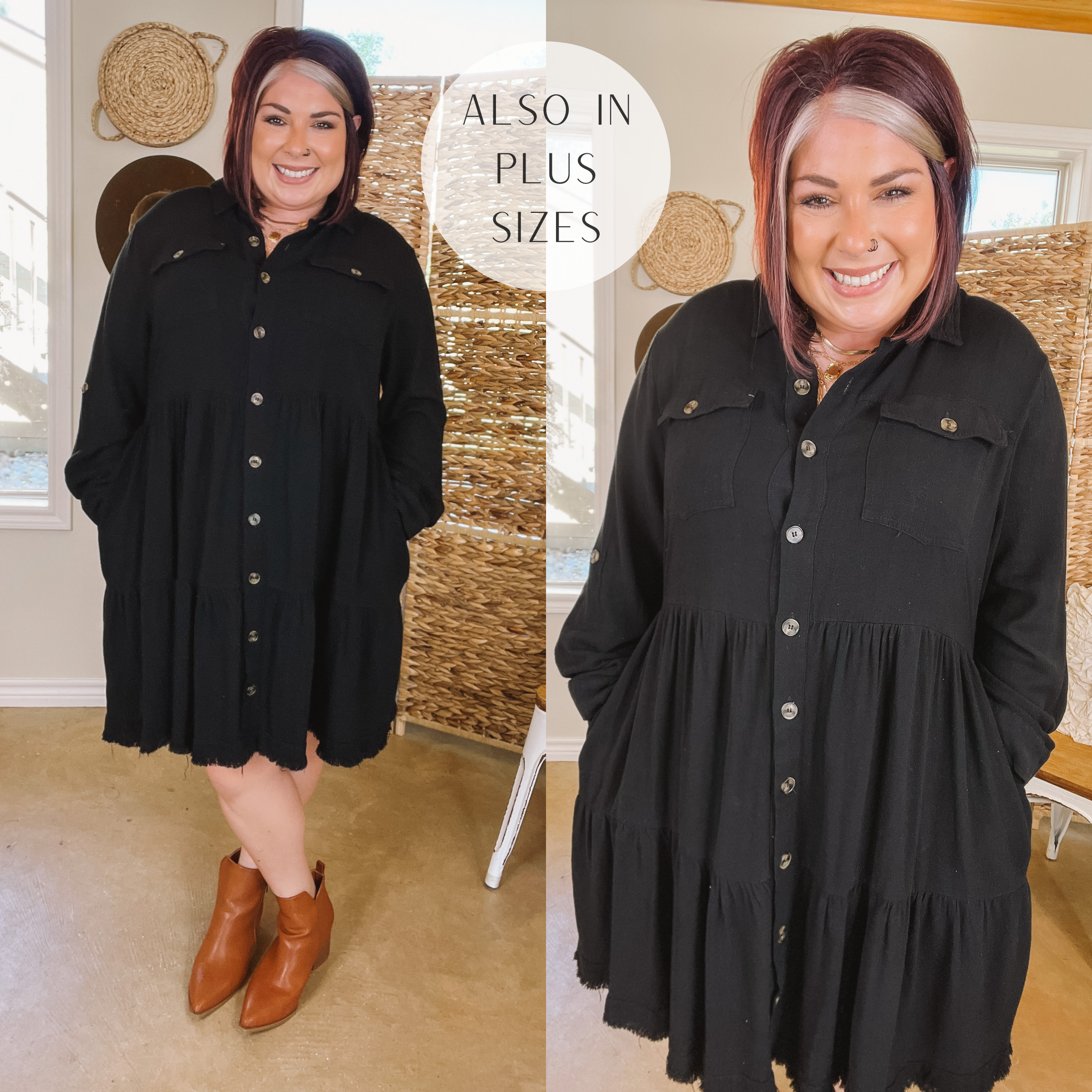 Chic Darling Ruffle Tiered Button Up Dress with Long Sleeves in Black