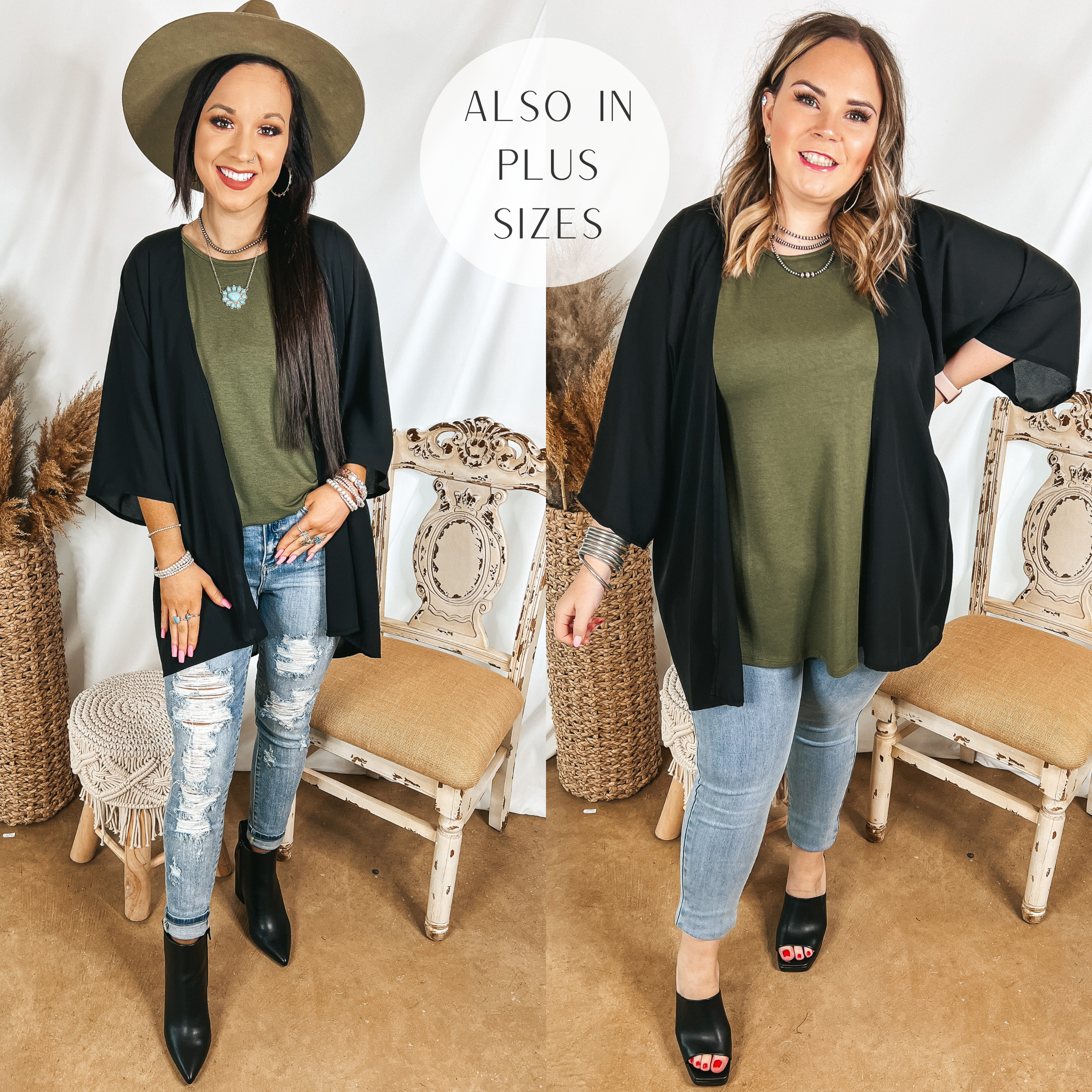 Models are wearing a black kimono over an olive tank top. Both models have it paired with light wash jeans and black shoes. Size small model has on an olive felt hat.