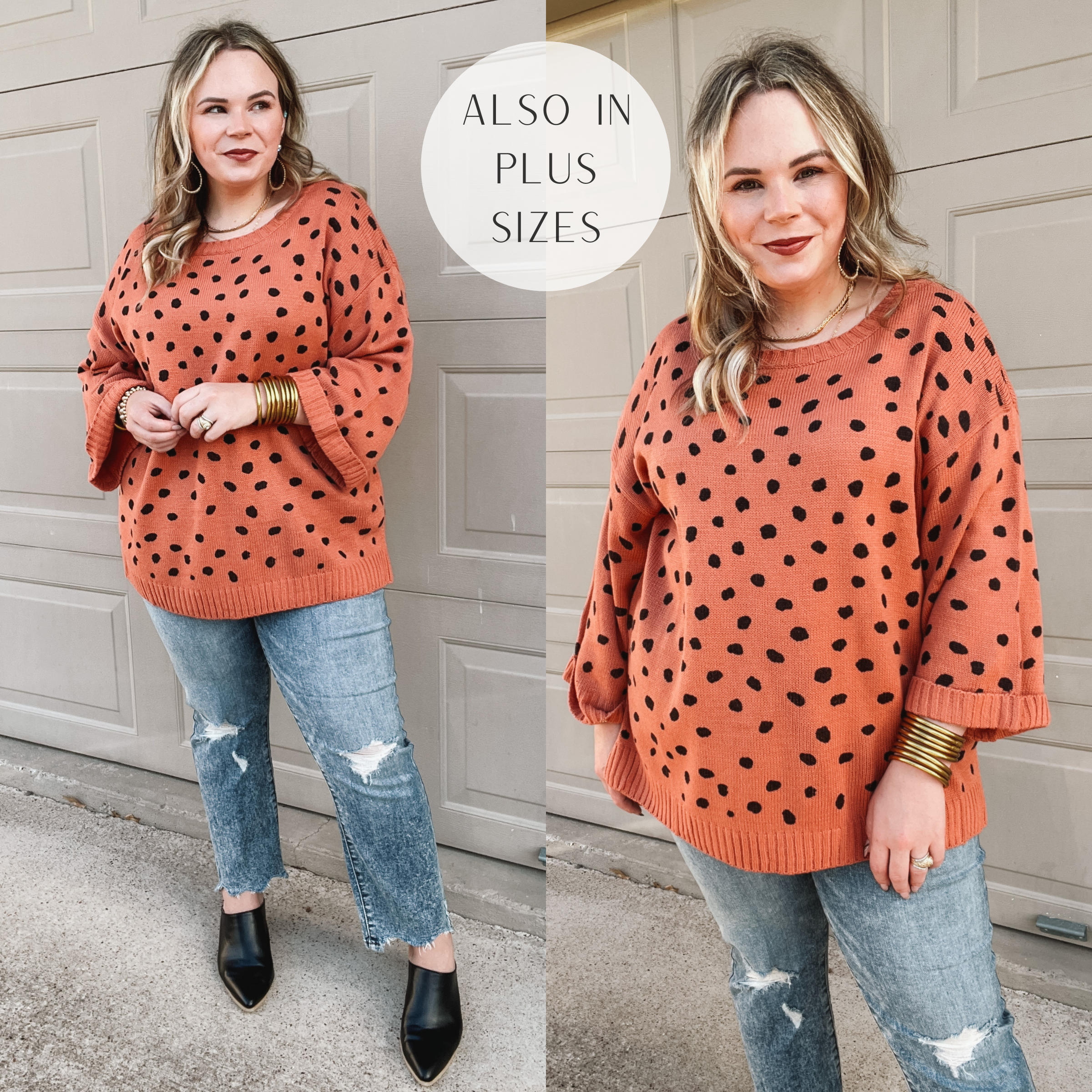 Iced Latte Love Wide 3/4 Sleeve Polka Dot Sweater in Clay Orange - Giddy Up Glamour Boutique