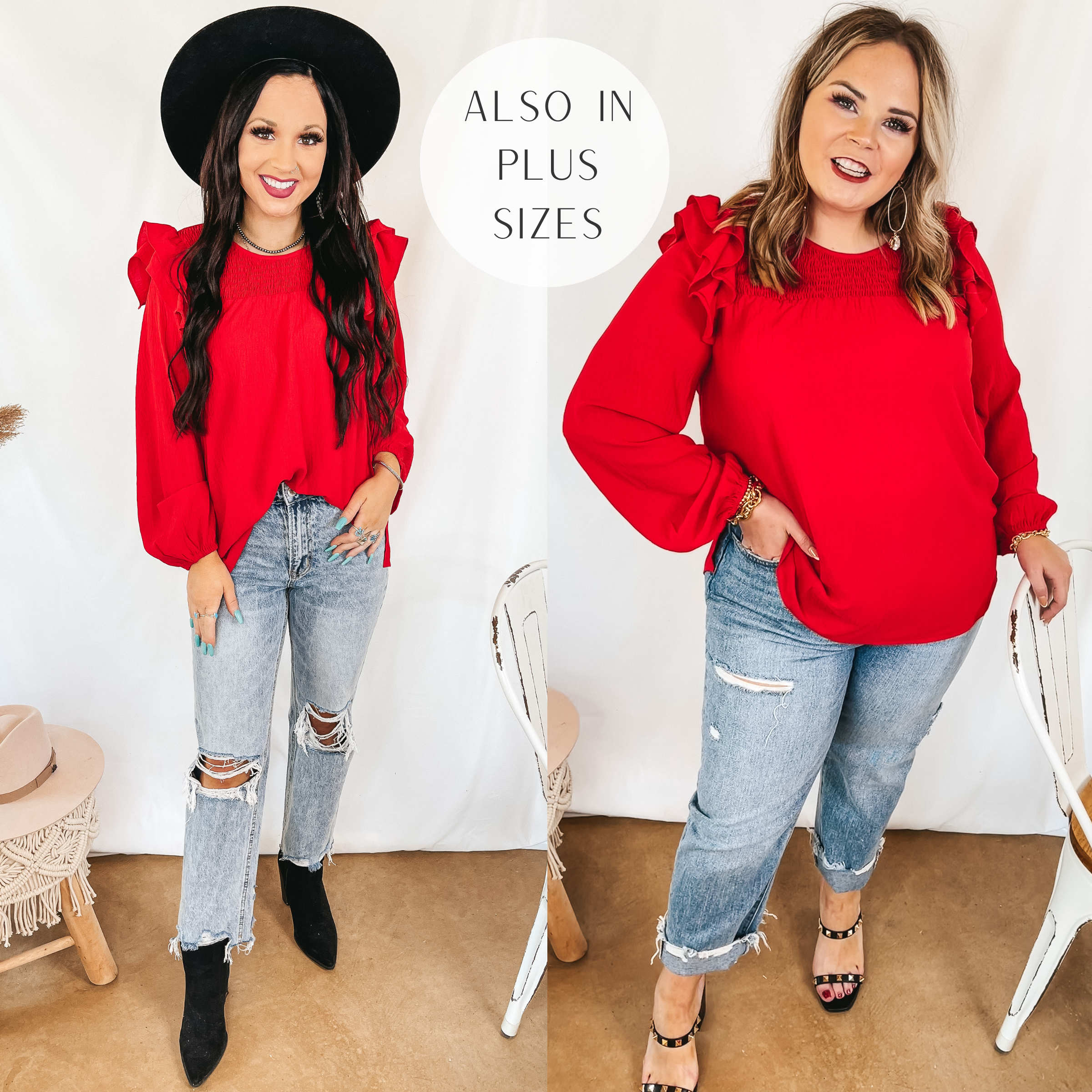 Models are wearing a red long sleeve blouse that has ruffle shoulders and a smocked upper. Size small model has it paired with light wash jeans, black booties, and a black hat. Size large model has it paired with black heels, light wash jeans, and gold jewelry.