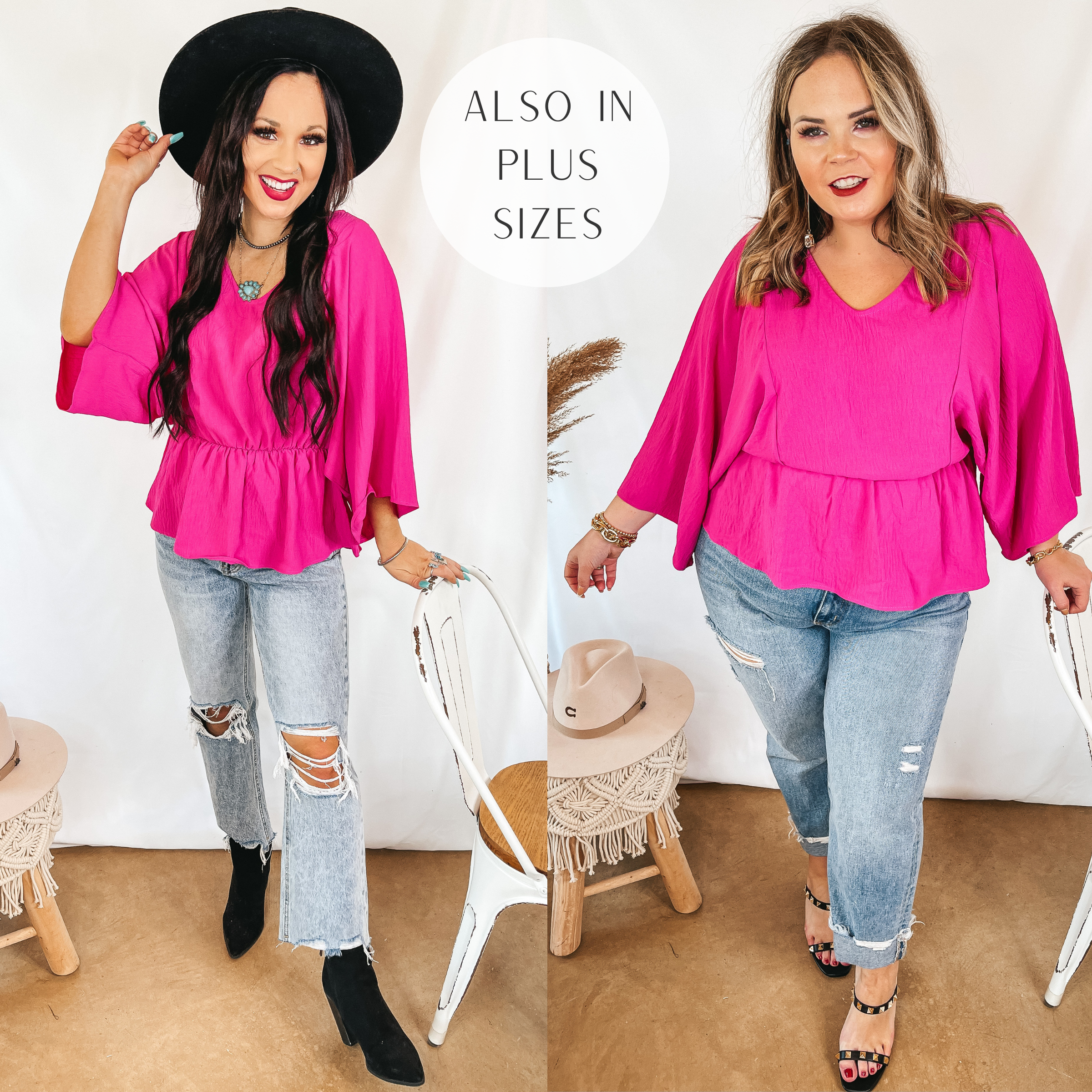 Models are wearing a flowy sleeve hot pink peplum top. Both models have it paired with light wash jeans. Size small model has it paired with black booties and a black hat. Size large model has it paired with black heels and silver jewelry.