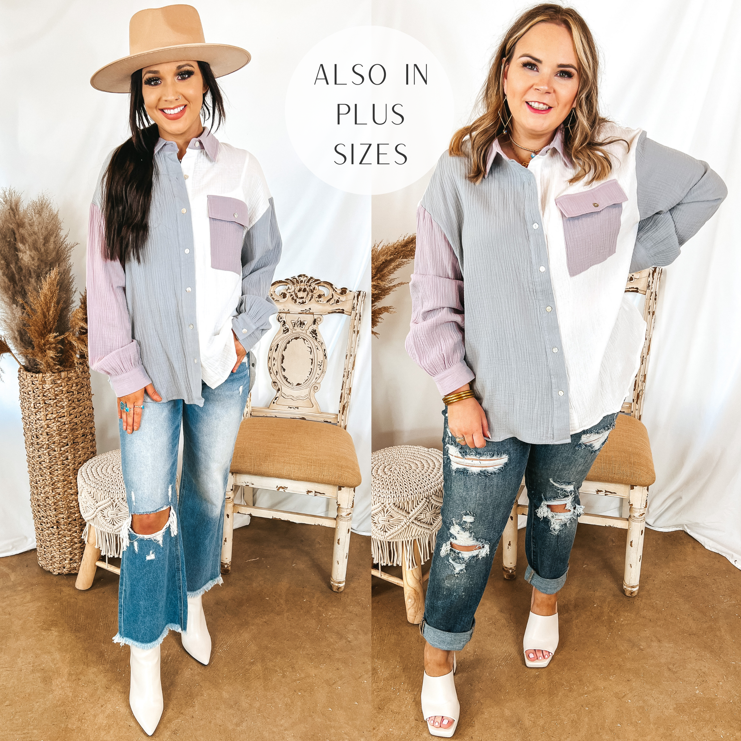 Models are wearing a purple, ivory, and blue colorblock button up top. Size small model has it paired with light wash cropped jeans, white booties, and a tan hat. Size large model has it paired with distressed dark wash jeans, white heels, and gold jewelry.