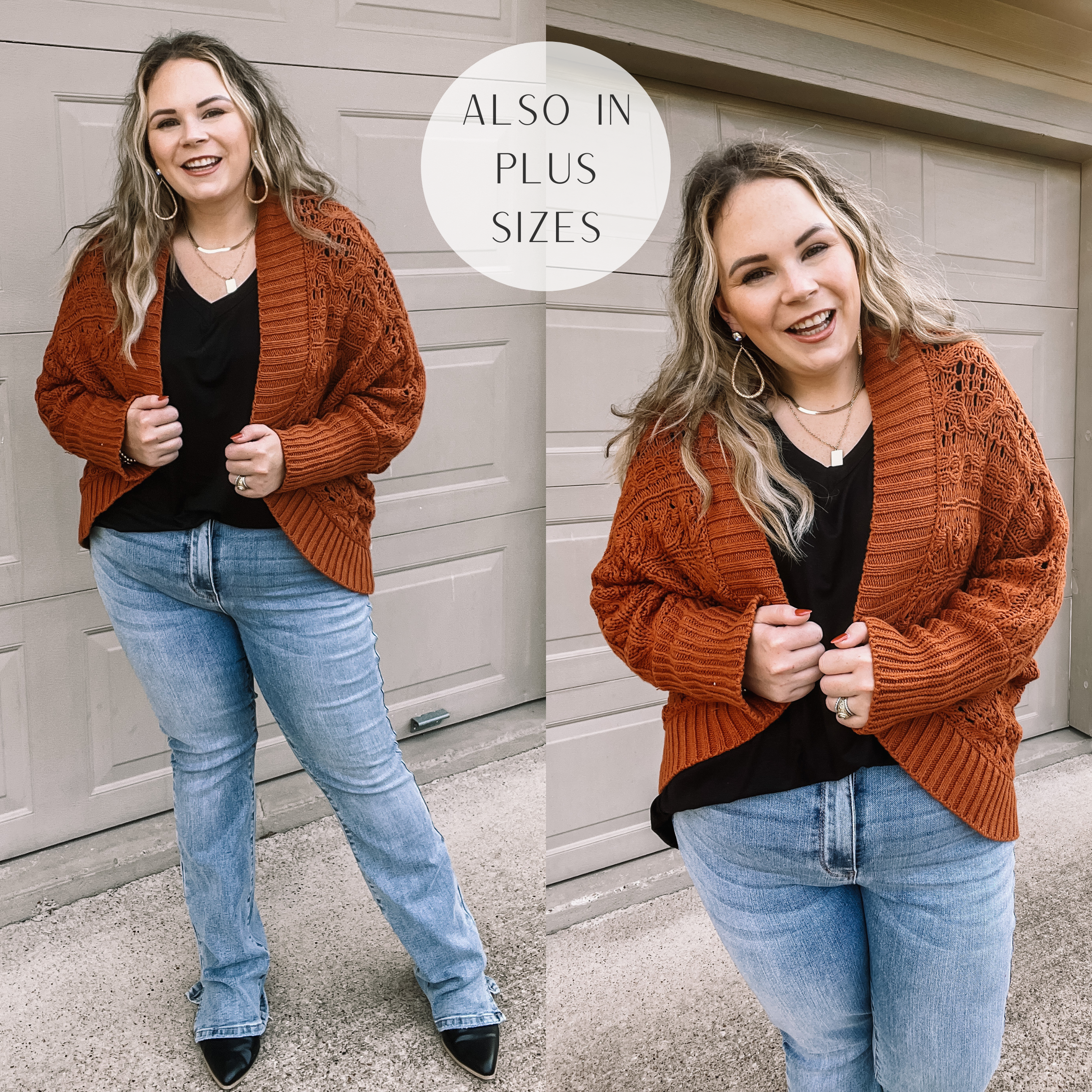 Model is wearing a rust orange cardigan with long sleeves and a loose cable knit. Model has it paired with light wash jeans, black booties, and a black top.