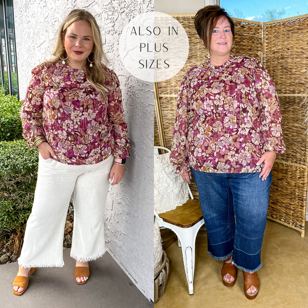 Counting Favors High Neck Floral Top with Long Sleeves in Magenta and Gold - Giddy Up Glamour Boutique