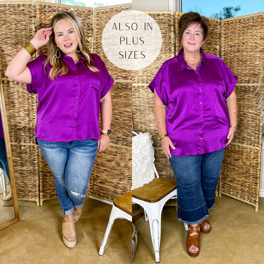 Free To Be Fab Button Up Short Sleeve Top in Purple - Giddy Up Glamour Boutique
