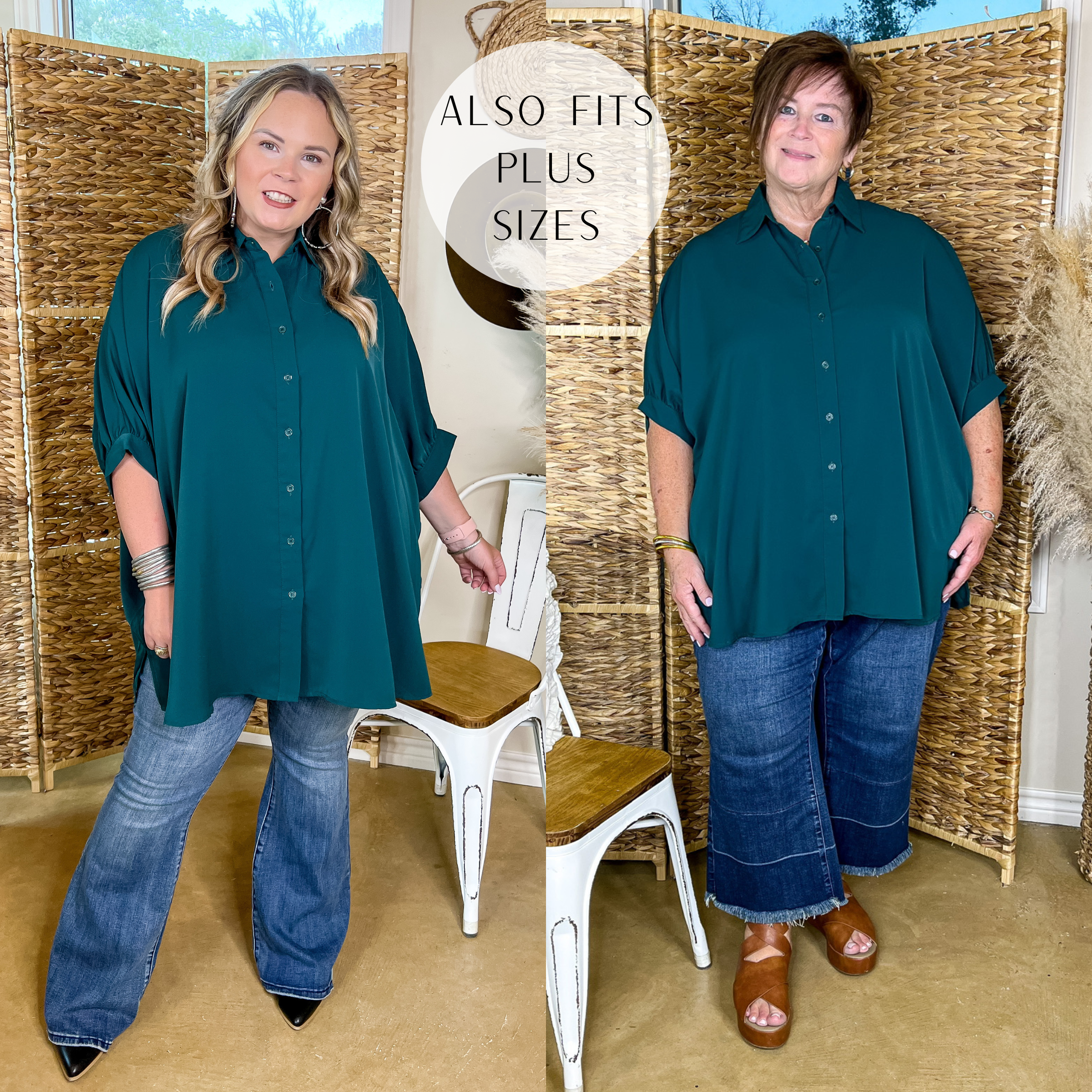 City Lifestyle Button Up Half Sleeve Poncho Top in Teal - Giddy Up Glamour Boutique
