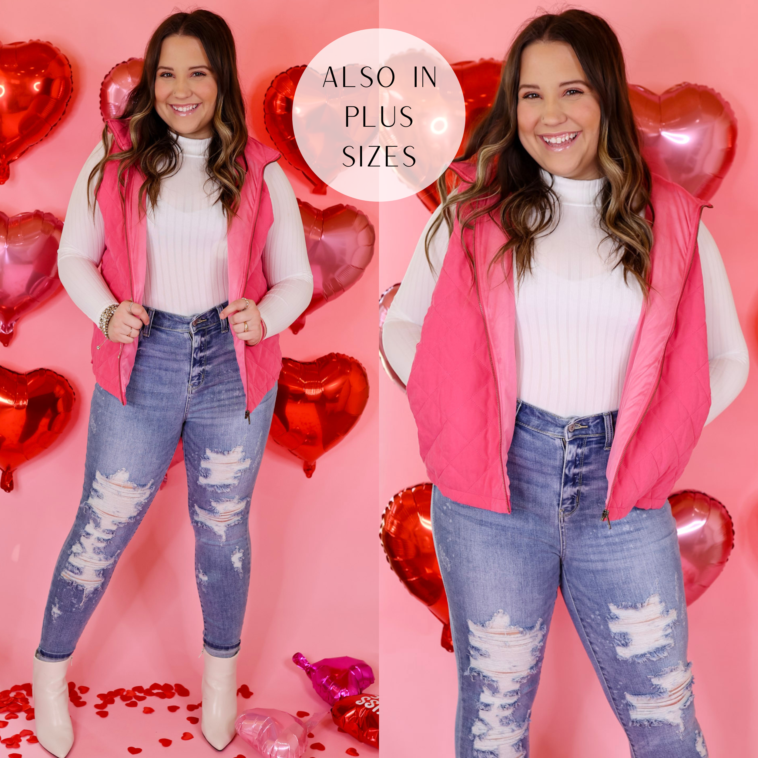 Model is wearing a zip up quilted vest in pink. Model has this vest paired with a white, ribbed, long sleeve, high neck top; skinny jeans, white booties, and gold jewelry. Background is light pink with red heart balloons. 