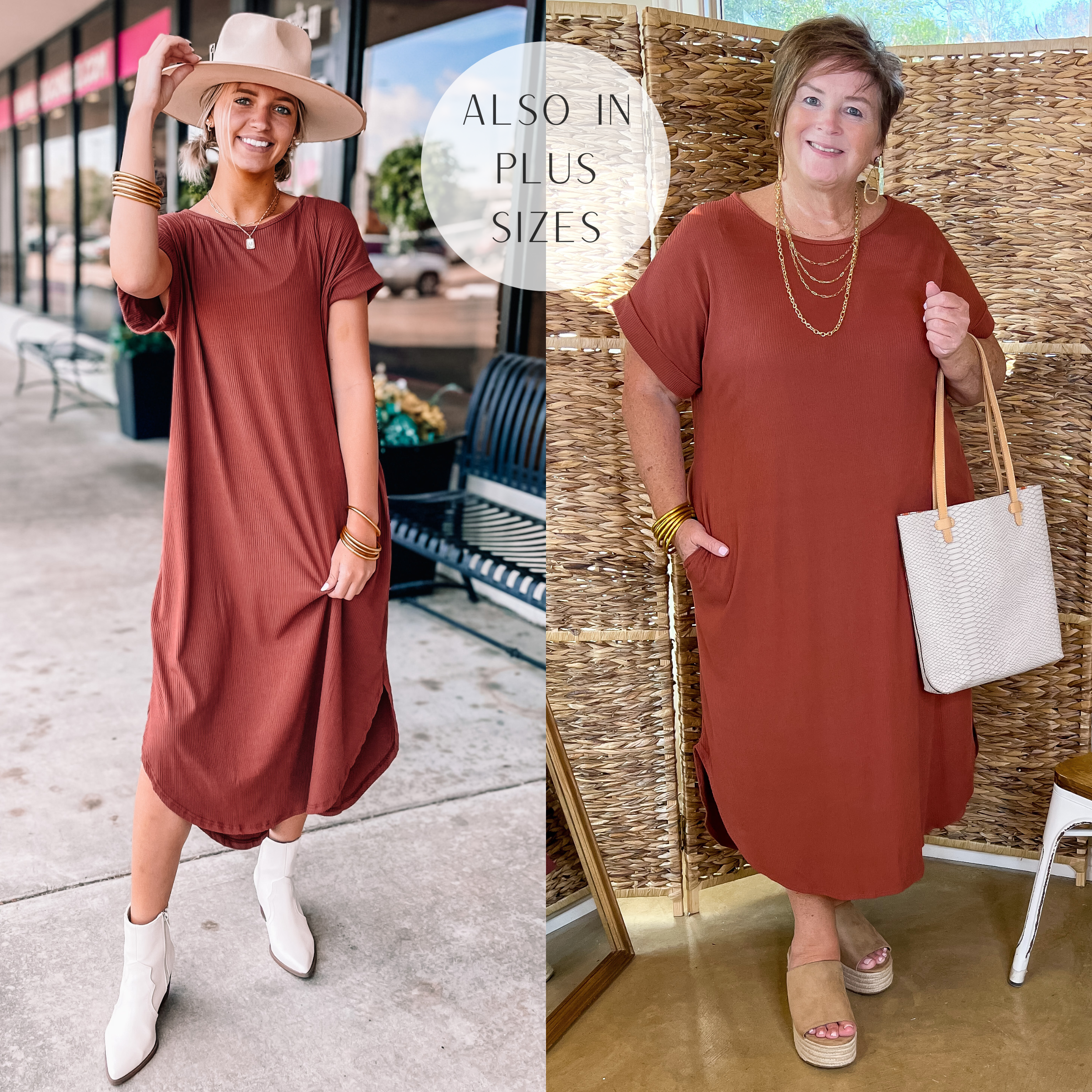 Chill Looks Short Sleeve Thin Ribbed Midi Dress in Cinnamon Red - Giddy Up Glamour Boutique