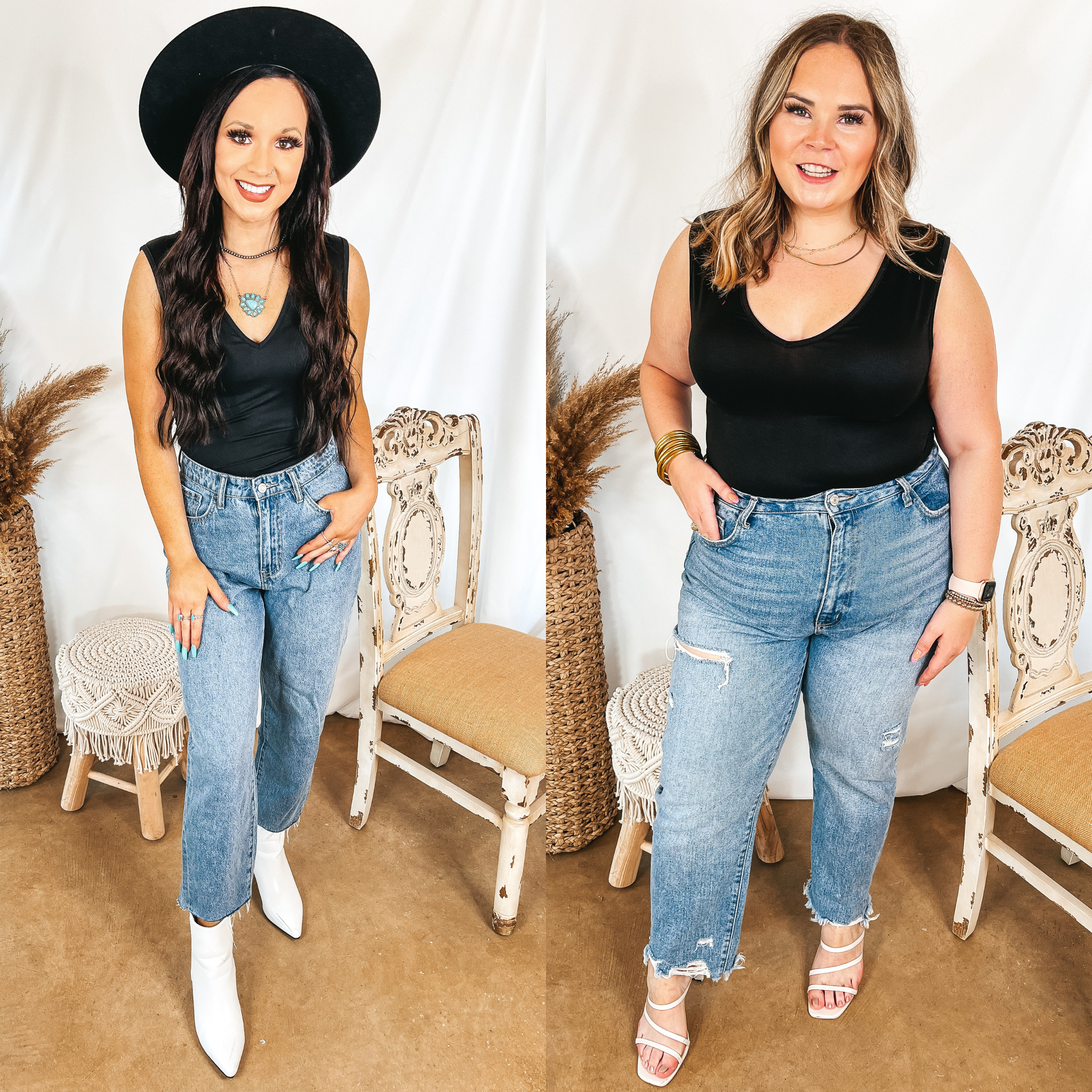 Models are wearing a black tank top bodysuit with a deep v neckline. Size small model has it paired with light wash jeans, white booties, and a black hat. Size large model has it paired with light wash jeans, strappy white heels, and gold jewelry.
