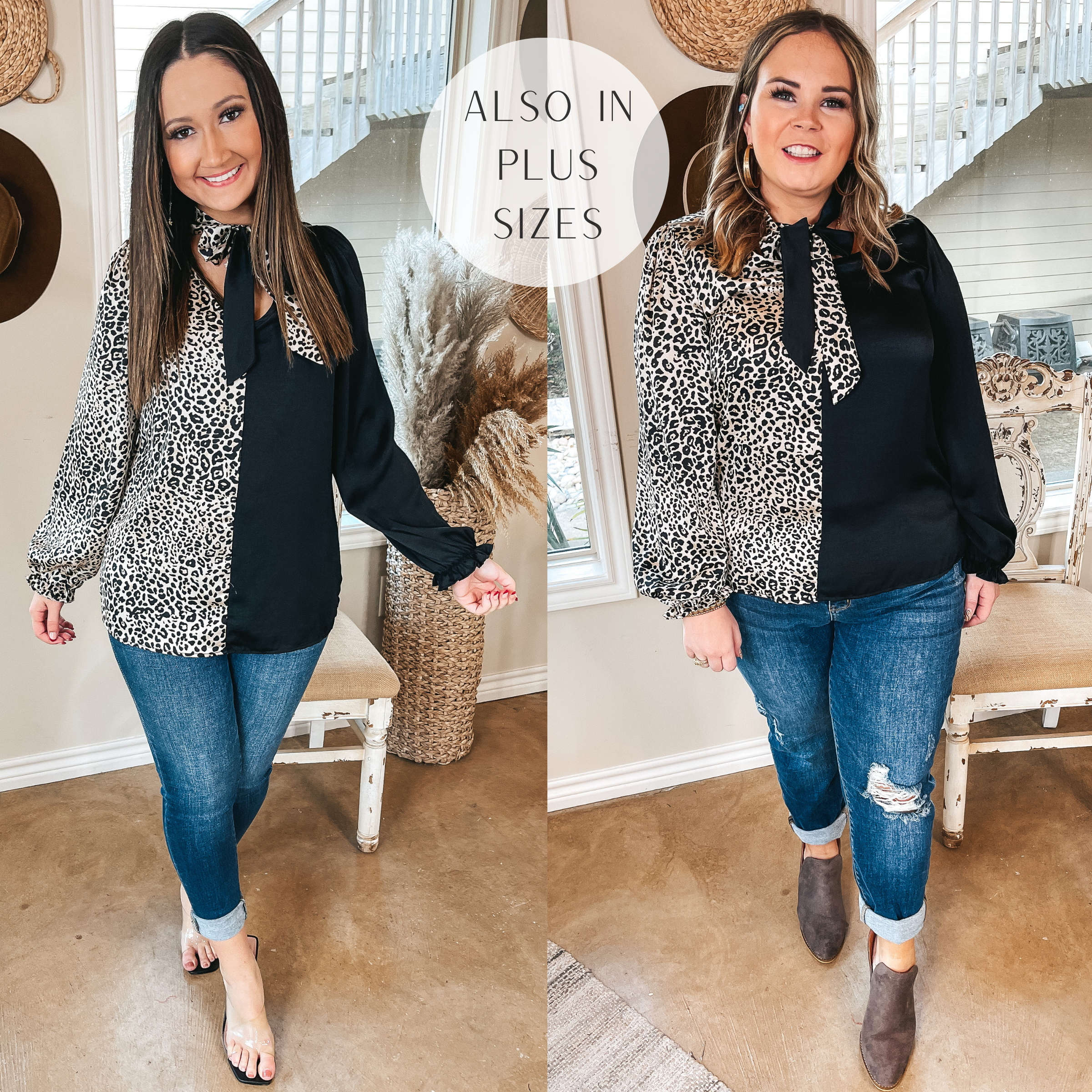 Models are wearing a blouse that is half solid black and half ivory leopard print. The blouse has a keyhole front with a tie neck. Size small model has it paired with black heels and gold jewelry. Size large model has it paired with taupe booties and gold jewelry.