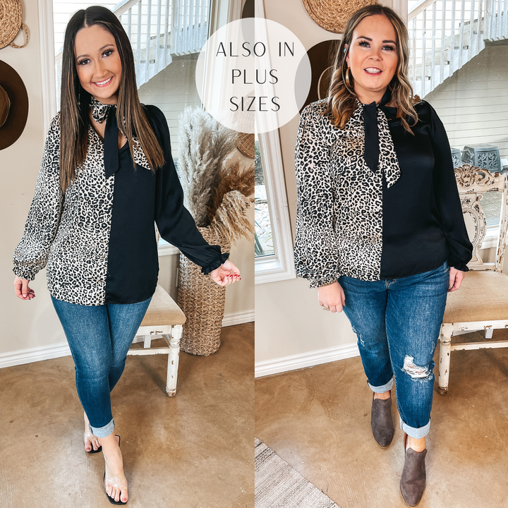 Models are wearing a blouse that is half solid black and half ivory leopard print. The blouse has a keyhole front with a tie neck. Size small model has it paired with black heels and gold jewelry. Size large model has it paired with taupe booties and gold jewelry.