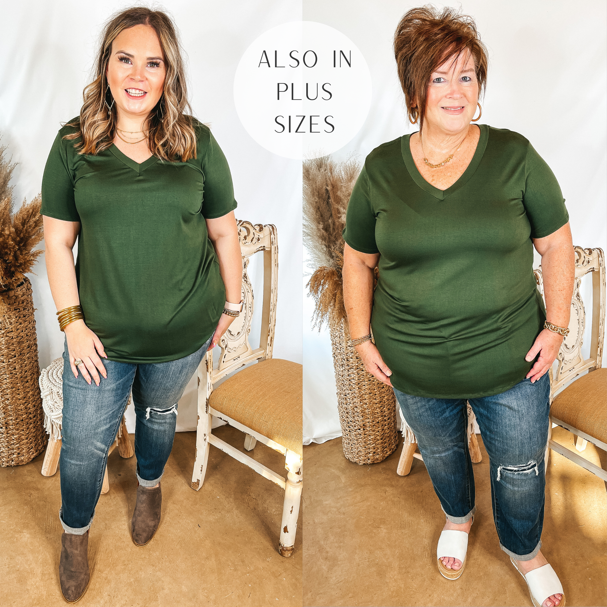Models are wearing a forest green v neck top. Models have this solid top paired with patch knee boyfriend jeans. Size large model has it paired with brown booties and gold jewelry. Plus size model has it paired with white sandals and gold jewelry.