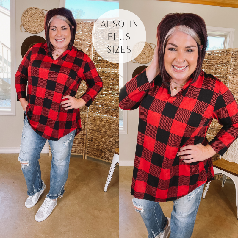 Scenic Route Buffalo Plaid Collared Tunic Top in Red - Giddy Up Glamour Boutique