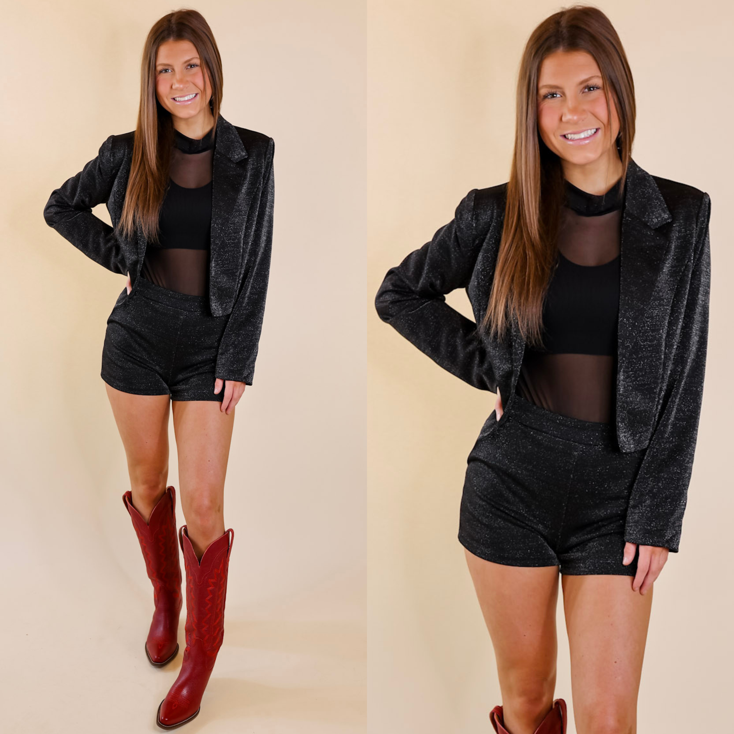 Model is wearing a black blazer with sparkle and long sleeves. Model has this paired with a black bodysuit, matching shorts, and red boots.