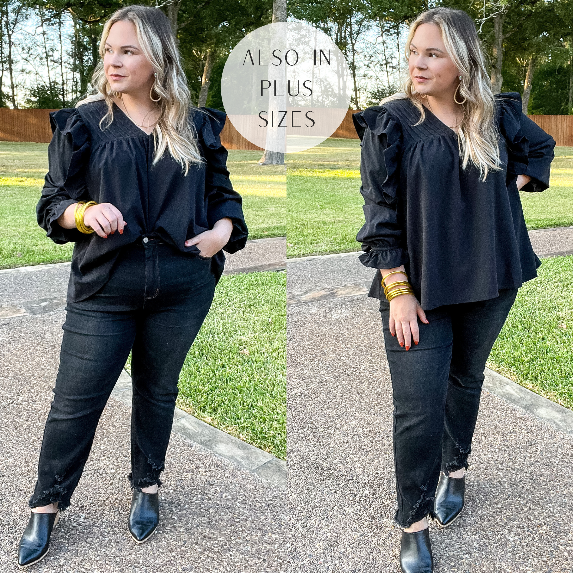 Model is wearing a black long sleeve blouse with ruffle and pleated details. Model has this blouse paired with black jeans, black mules, and gold jewelry.