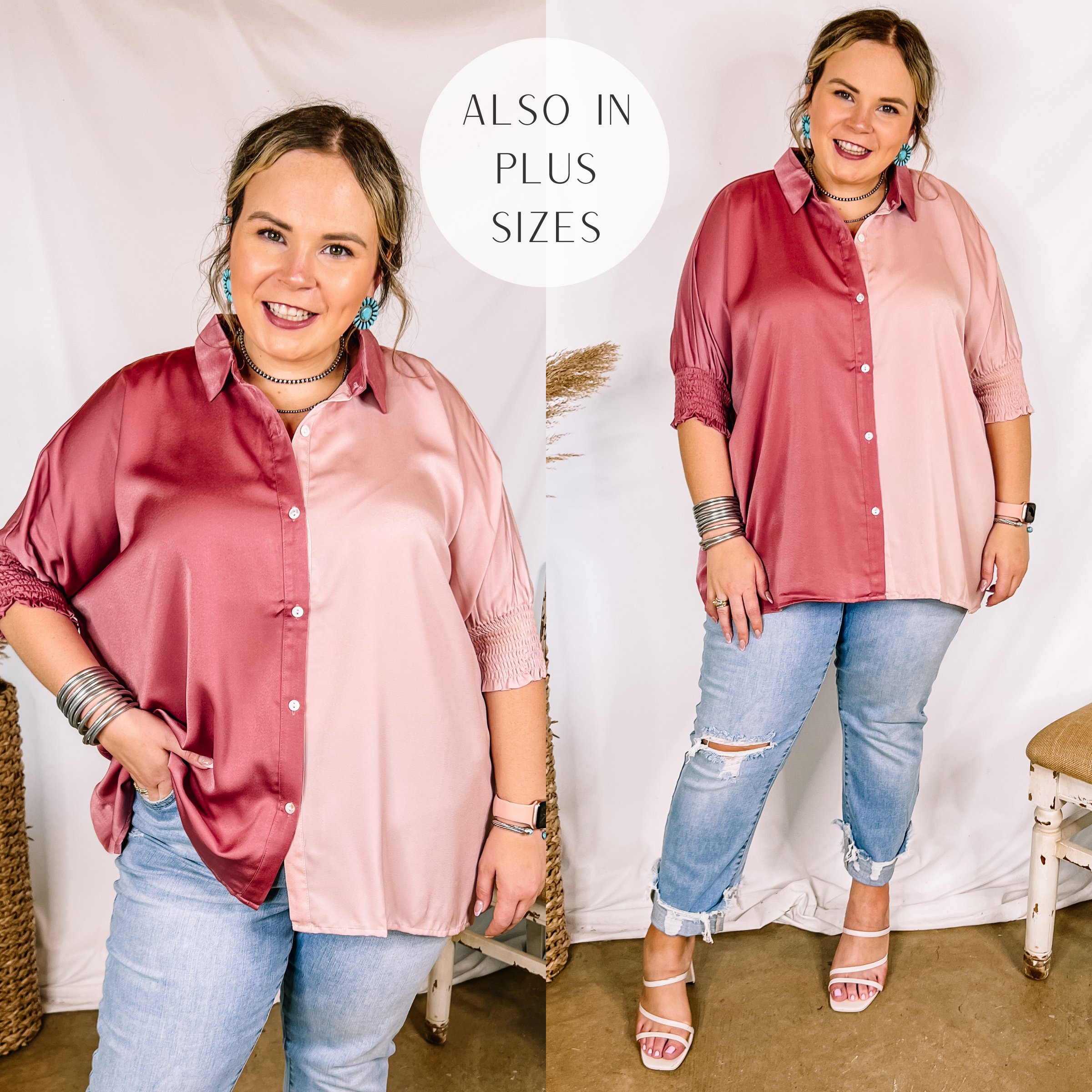 Model is wearing a color block top that is half mauve and half blush pink. This top has a button up front and collared neckline. Model has it paired with distressed boyfriend jeans, white strappy heels, and sterling silver jewelry.