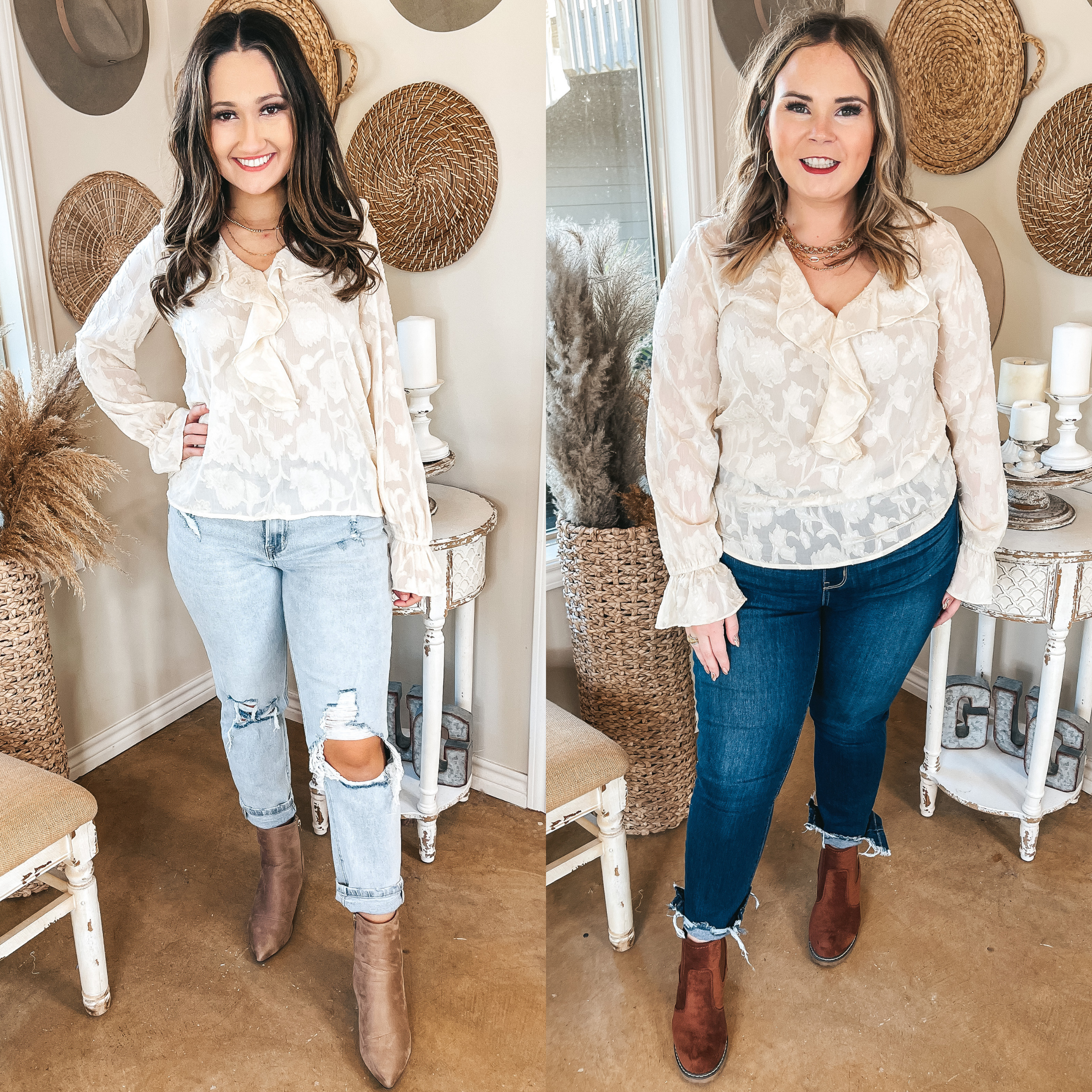 Models are wearing a shear floral blouse with long sleeves and a ruffle front. Size small model has it paired with light wash jeans, taupe booties, and gold jewelry. Size large model has it paired with dark wash skinny jeans, brown booties, and gold jewelry.