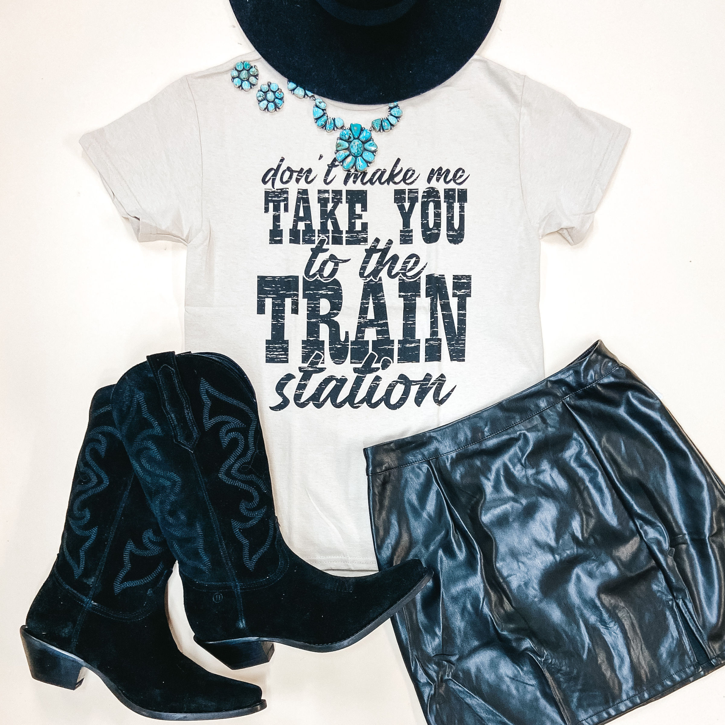 Take You To The Train Station Short Sleeve Graphic Tee in Beige - Giddy Up Glamour Boutique