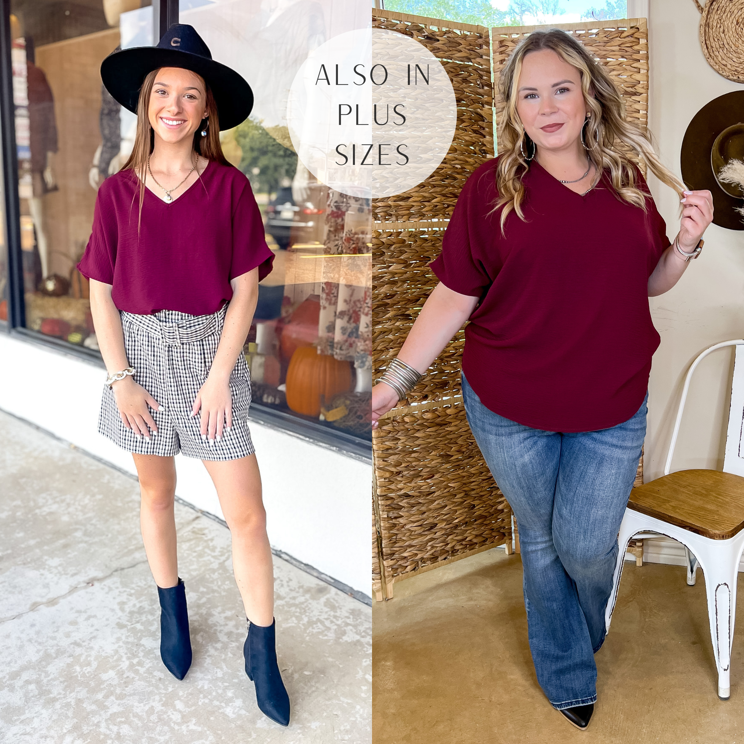 Models are wearing a maroon top that has short sleeves and a v neckline. Size small model has it paired with plaid shorts, black booties, and a black felt hat. Size large model has it paired  with bootcut jeans, black booties, and silver jewelry.