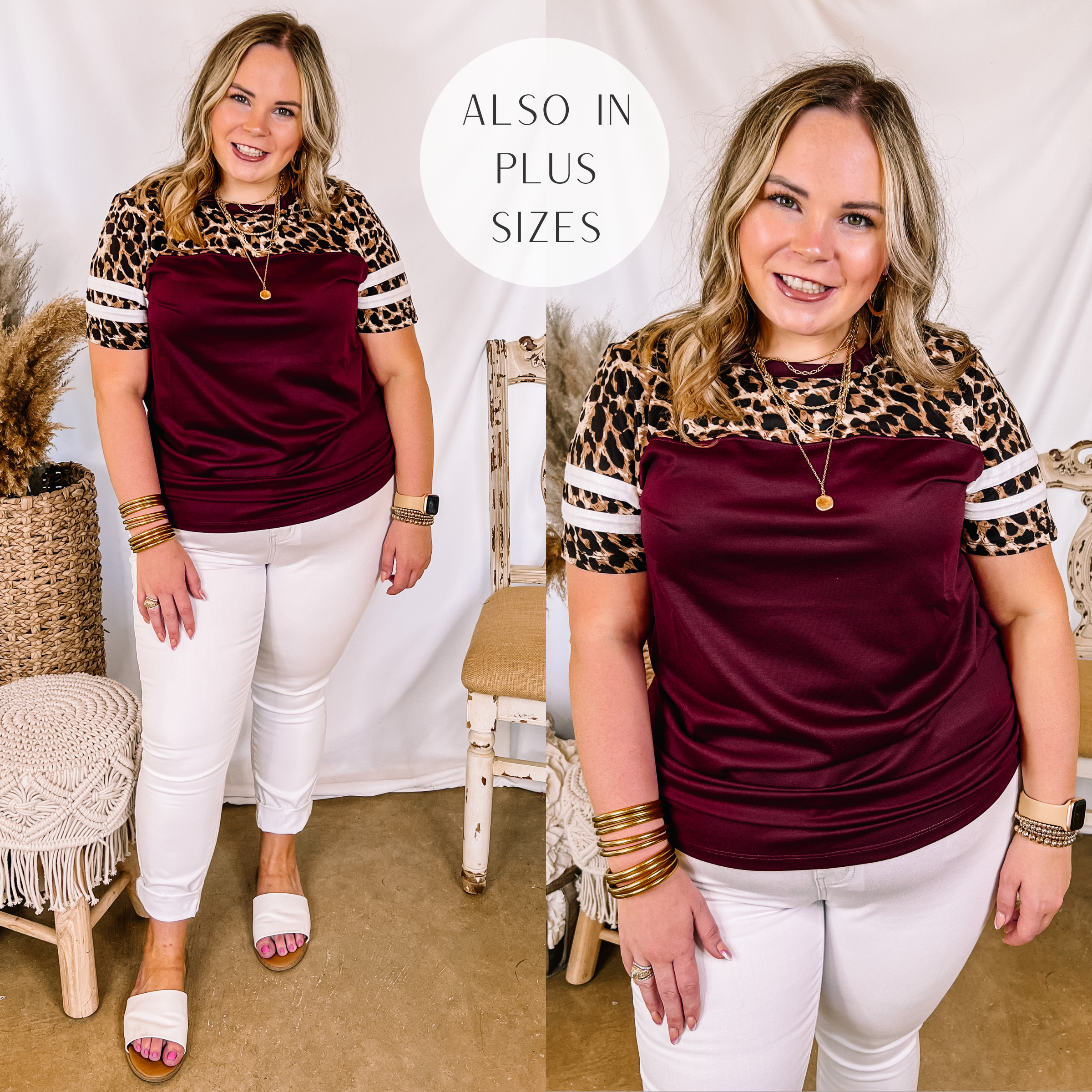 Models are wearing a maroon varsity stripe top that has a leopard print upper. Model has it paired with white skinny jeans, white sandals, and gold jewelry.