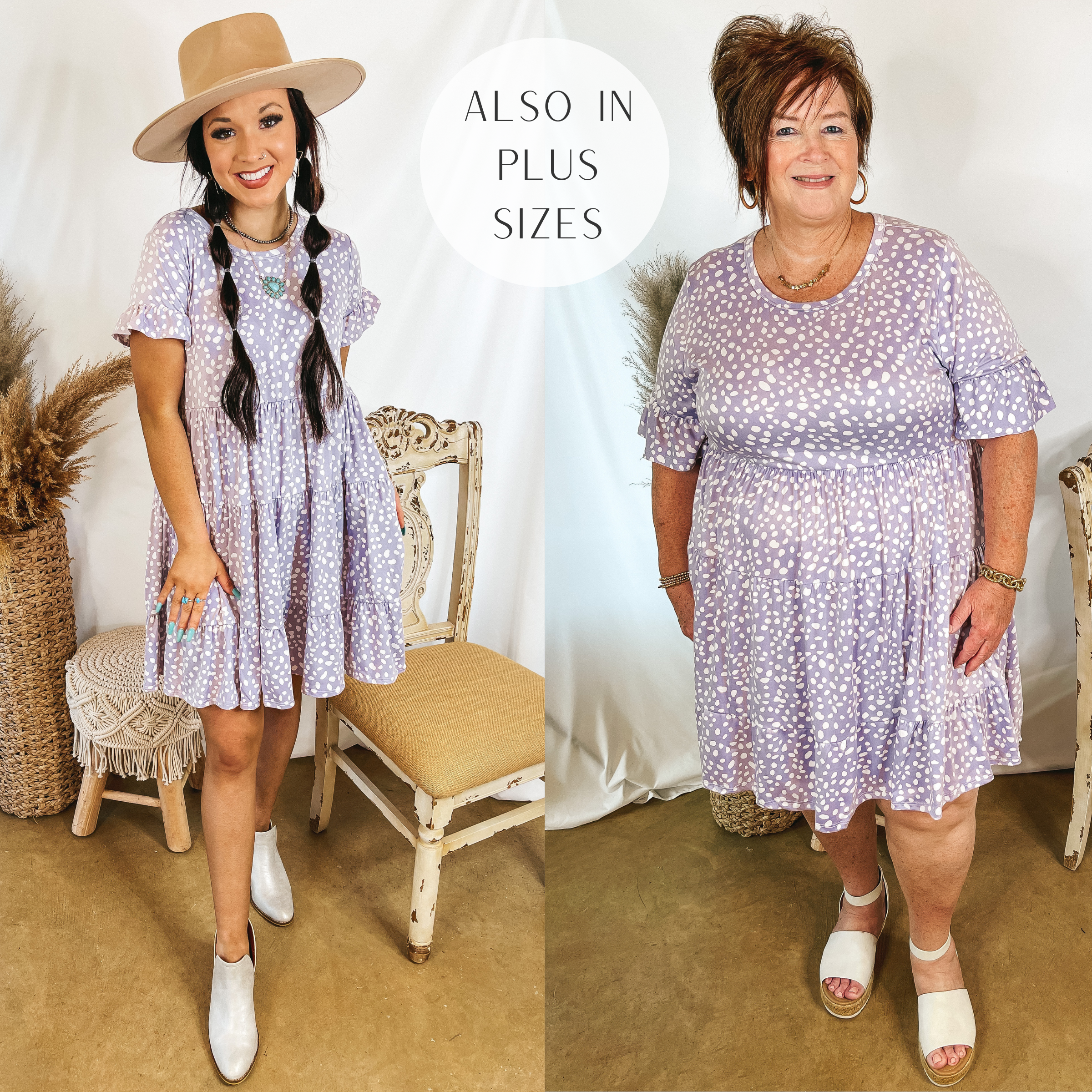 Models are wearing a purple babydoll dress. The dress has a white dotted print. Size small model has it paired with white metallic booties and a tan hat. Plus size model has it paired with white sandals and gold jewelry.