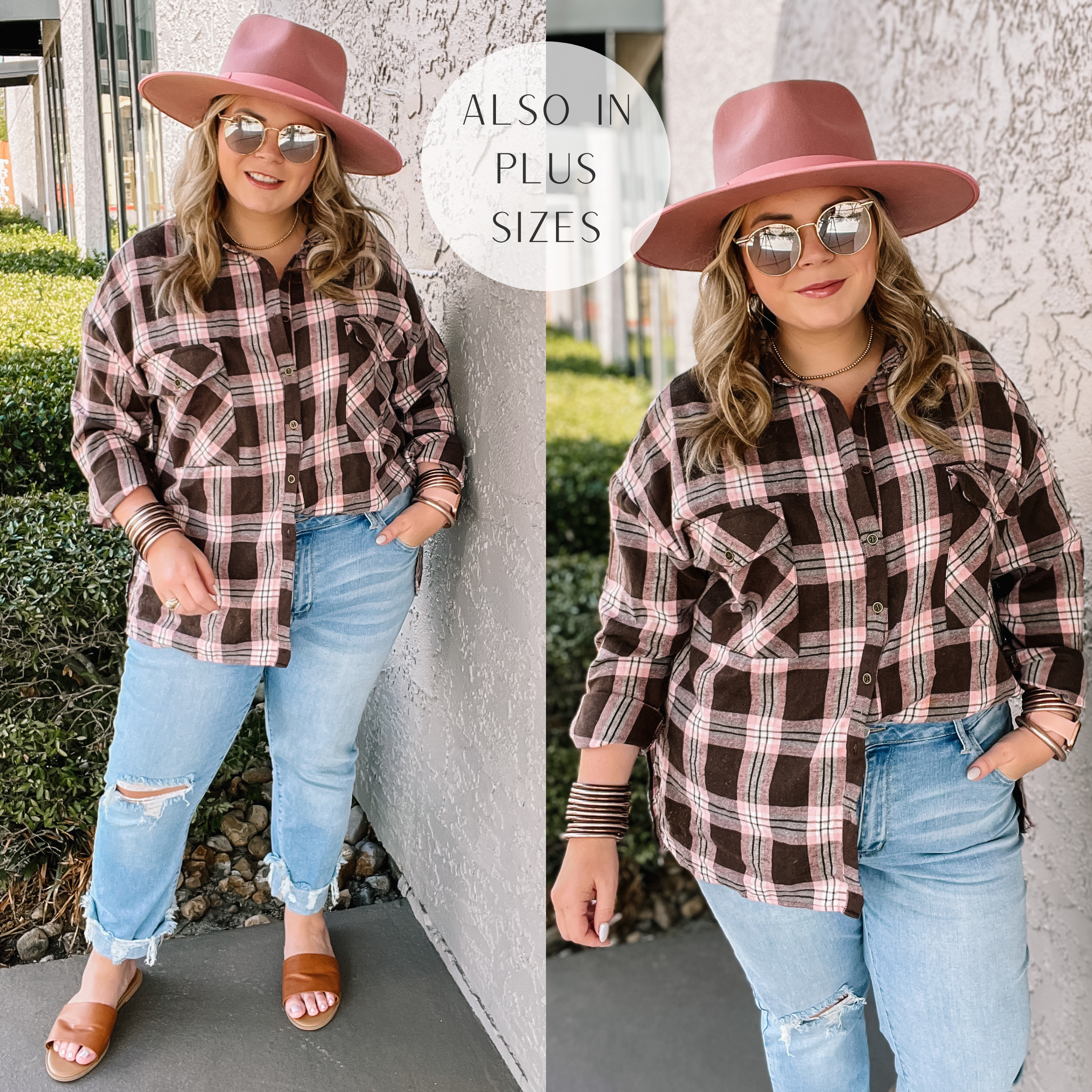 Model is wearing a brown and pink plaid button up top. Model has it paired with distressed jeans, tan sandals, and a pink hat.